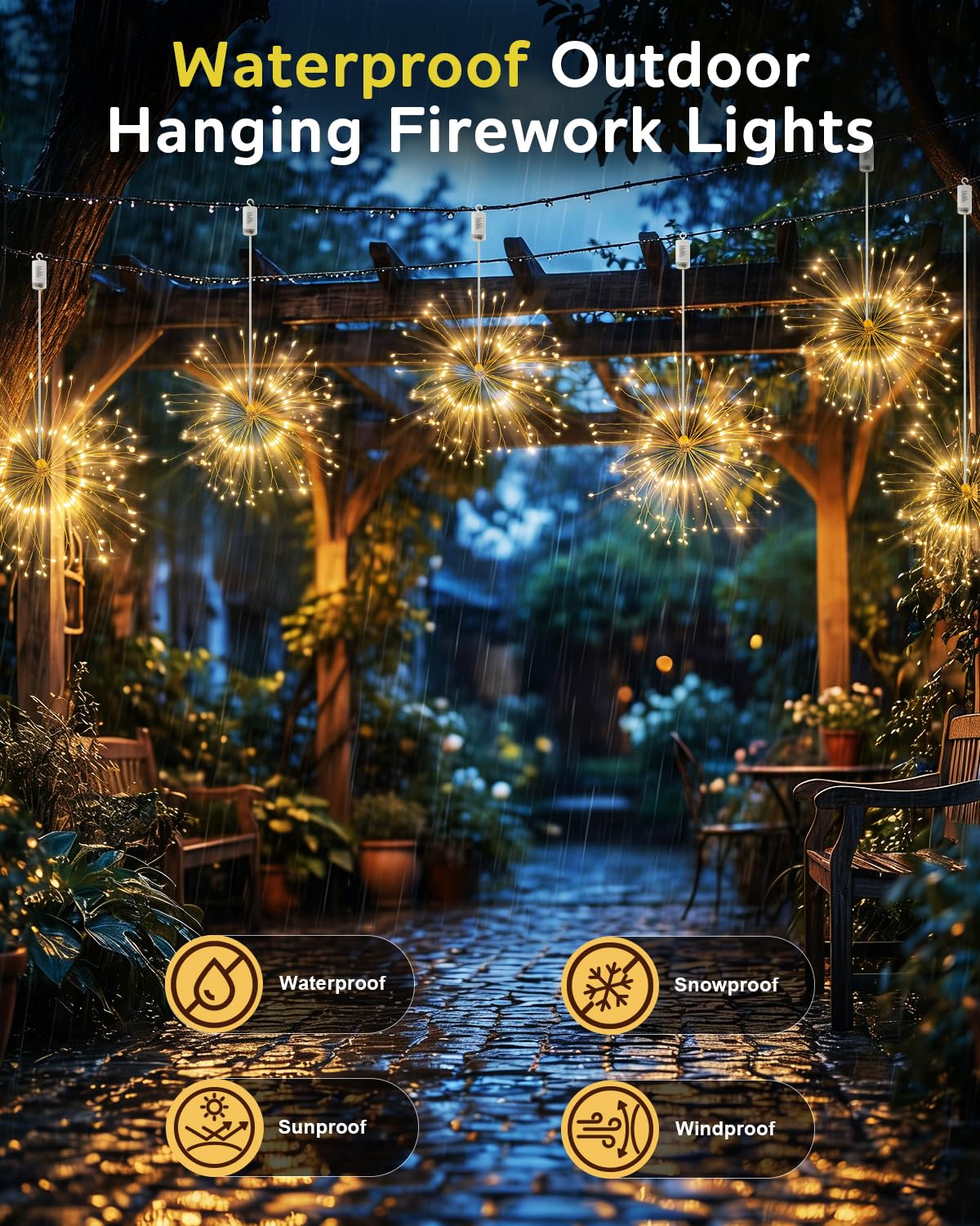 FOOING Luci Fuochi d’Artificio LED 120 LEDs, Ghirlanda a Batteria con 8 Modalità, Luci Decorative per Natale, Feste, Matrimoni, Finestre, Giardino ed Esterno