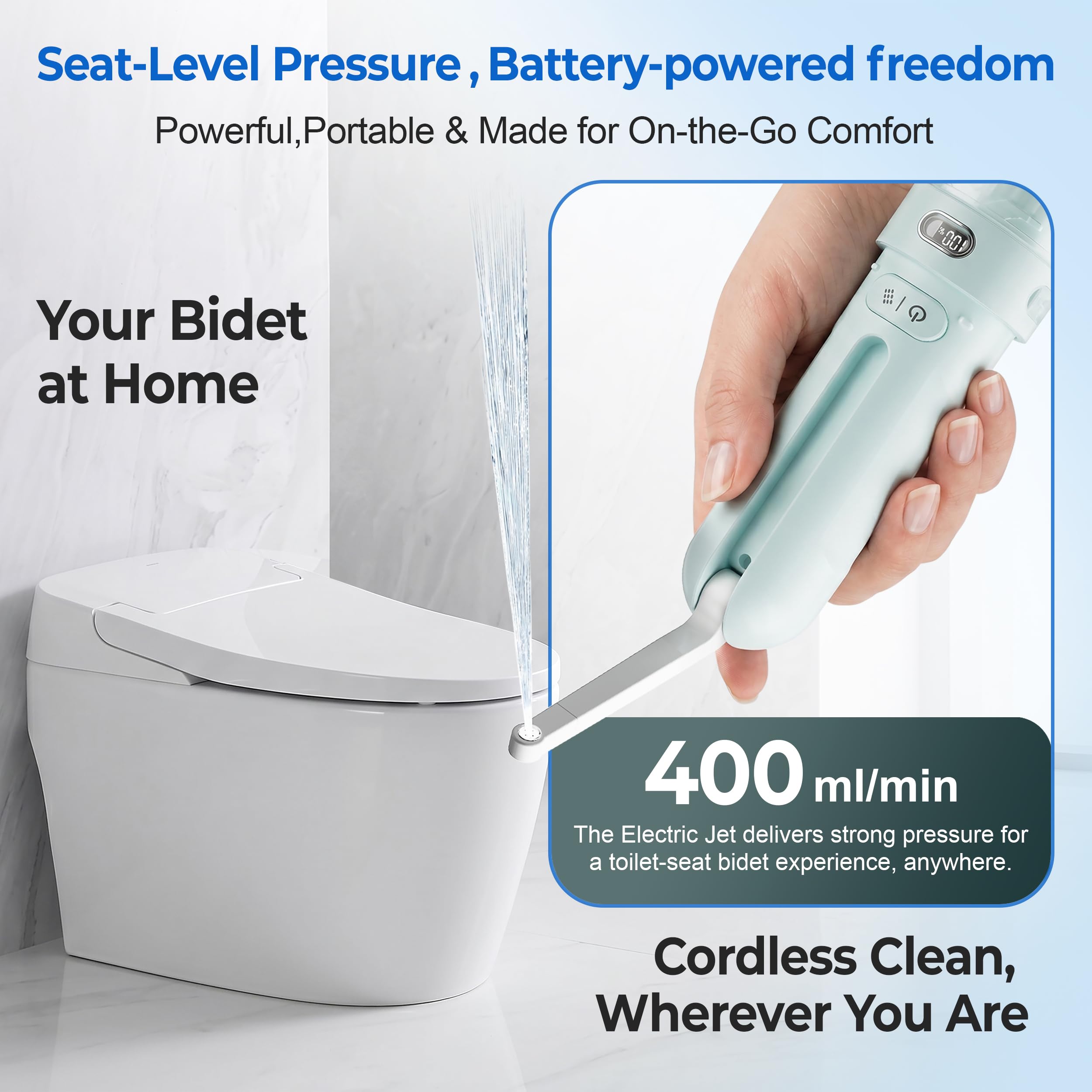 Bidet portatile da viaggio | Bagno - Bidet elettrico ricaricabile con 3 pressioni | Impermeabile per la massima igiene personale per la pulizia a casa, ufficio e campeggio (Aqua)