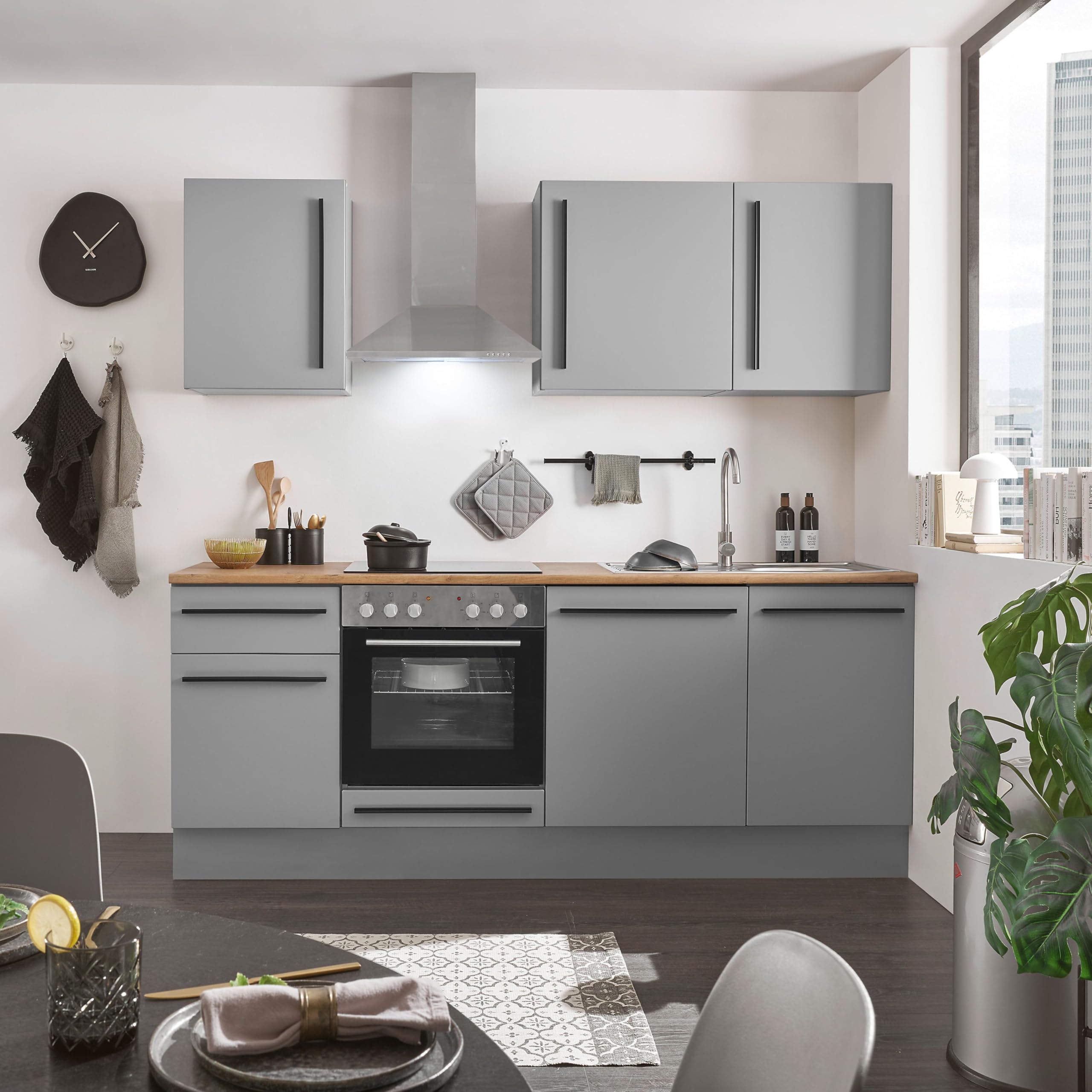 Denver Moderne Küchenzeile ohne Elektrogeräte in Grau, Lancelot Eiche Optik - Geräumige Einbauküche mit viel Stauraum - 220 x 211 x 60 cm (B/H/T)