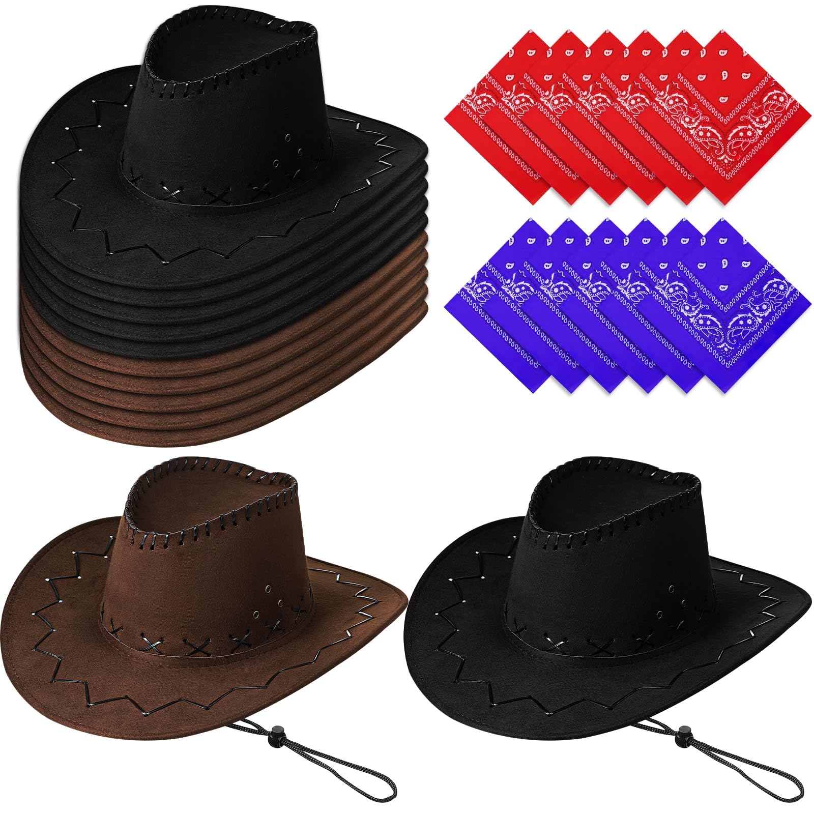 Set di 12 cappelli da cowboy con 12 bandane, cappello da cowboy western con sottogola regolabile, per adulti, perfetti per matrimoni, spettacoli e feste
