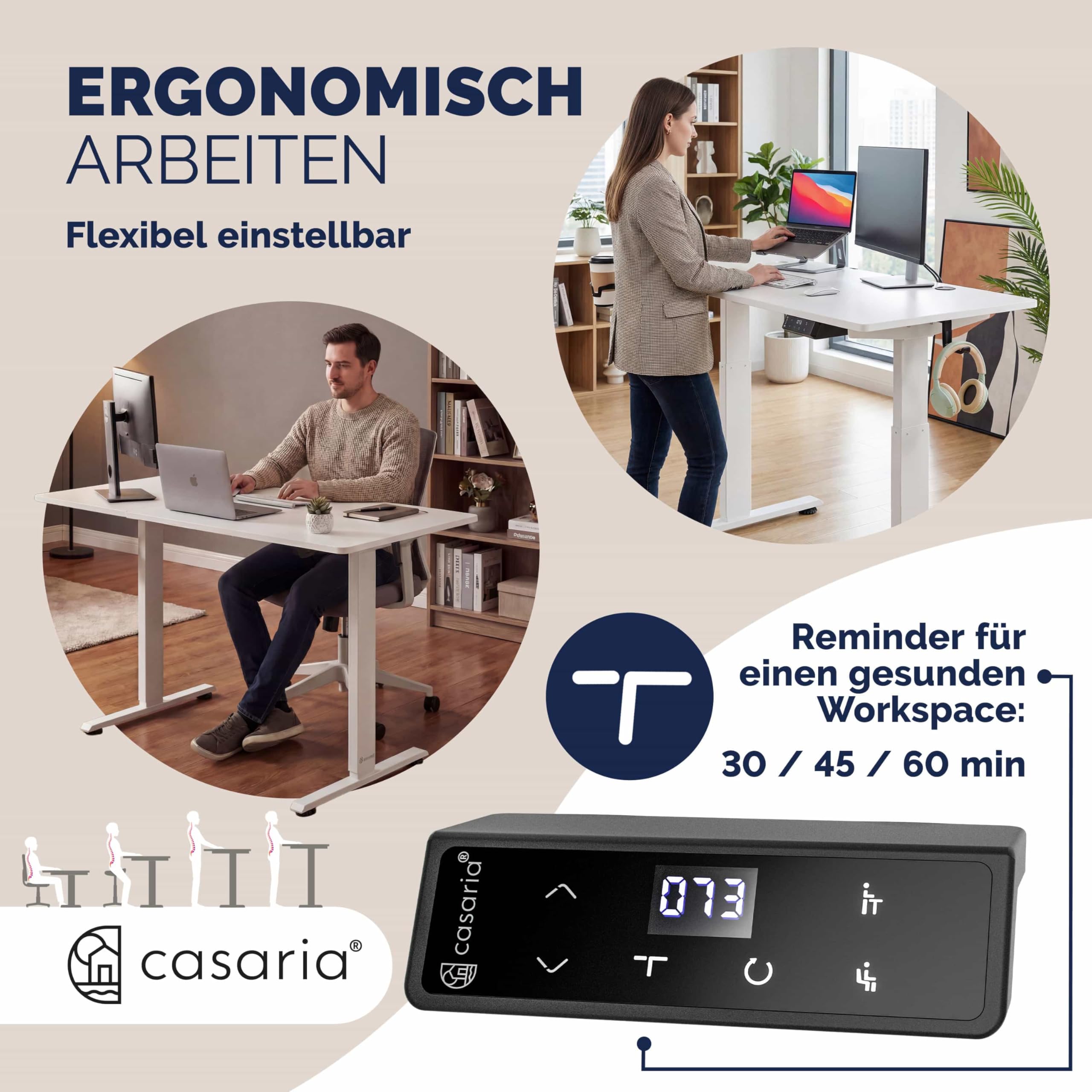 Casaria® Höhenverstellbarer Schreibtisch elektrisch 160 x 70 cm mit Wireless Charger & USB-C/A Anschluss LCD-Display Memory-Funktion 80 kg belastbar ergonomisch Weiß