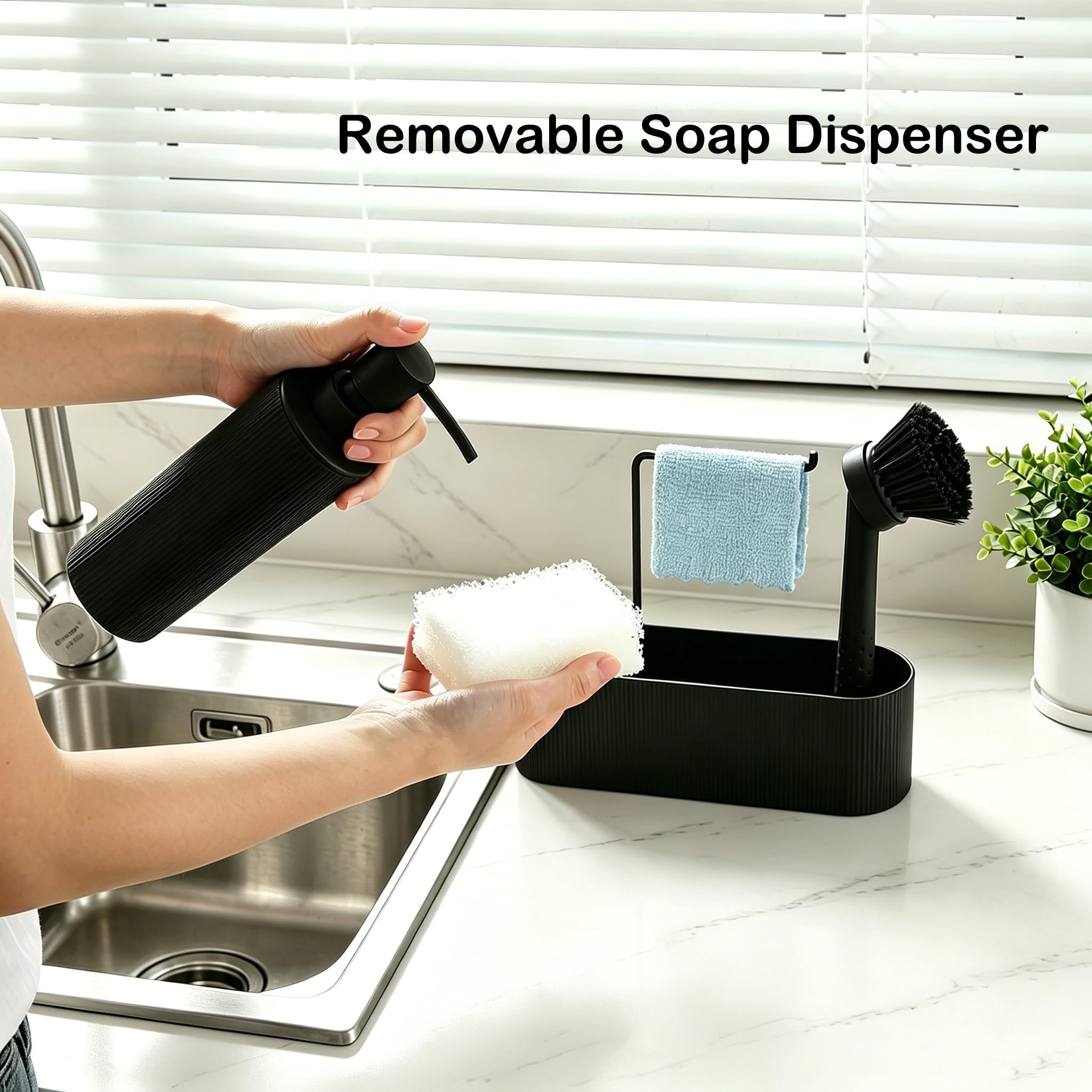 GAHEFY Seifen und Spülmittelspender Set für Küchen mit Seifenspender Spülbürste Schwamm Spültuchhalter, Badezimmer Seifenspender Set für Bad, Küchen Organizer Spüle Schmal (Schwarz)