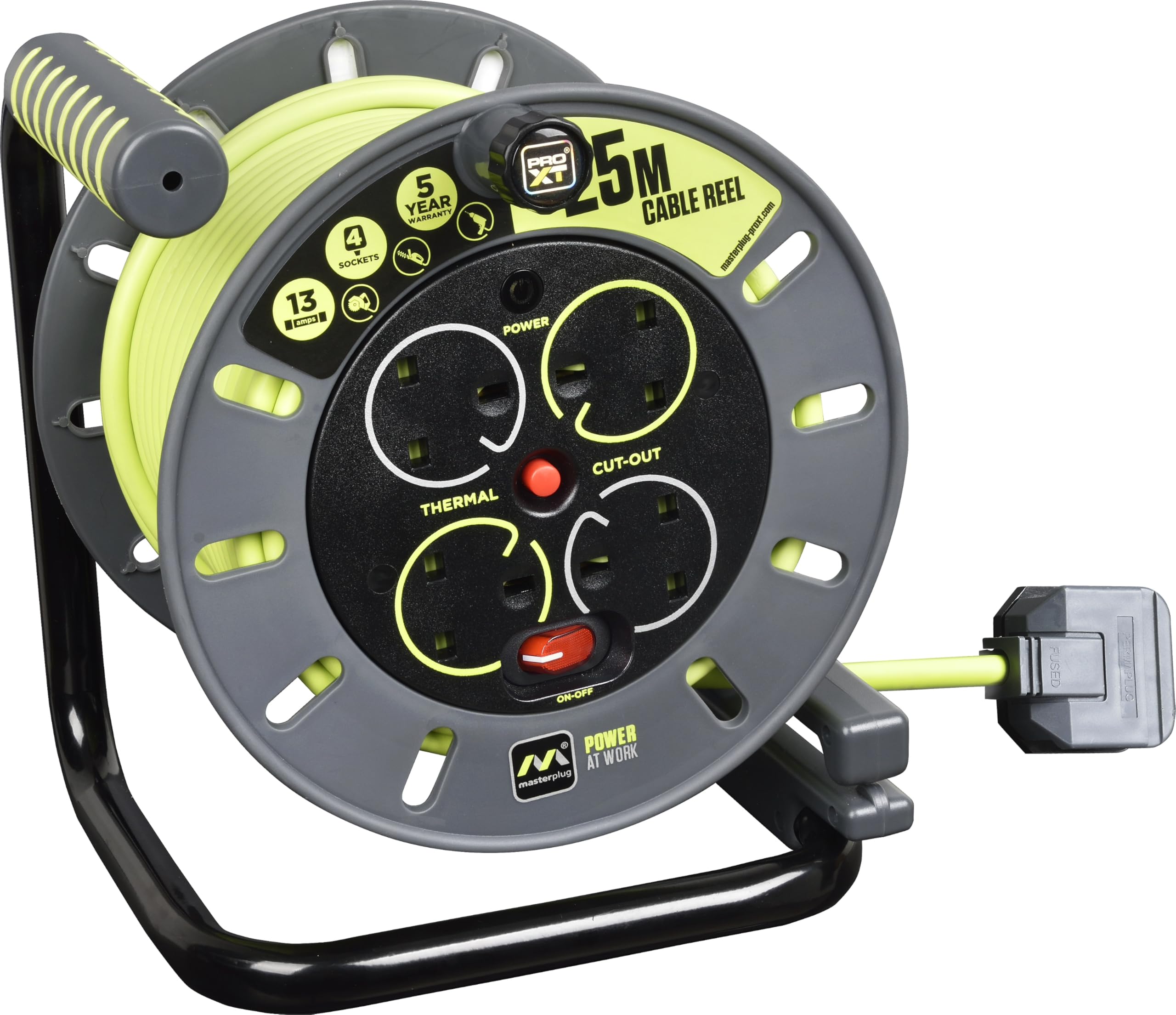Masterplug Pro-XT Four Socket Open Cable Reel Extension Lead with Winding Handle, Thermal Cut Out and Power Switch, 25 Metres High Visibility Cable, Green