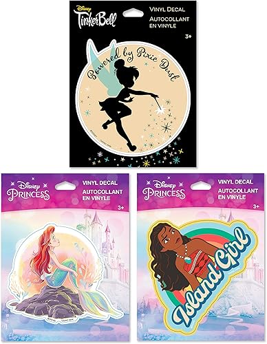 Miniatura 3 de Hallmark Disney - Paquete de 3 calcomanías para botellas de agua, planificadores, cuadernos, pared (campanilla, Ariel y Moana para niños,