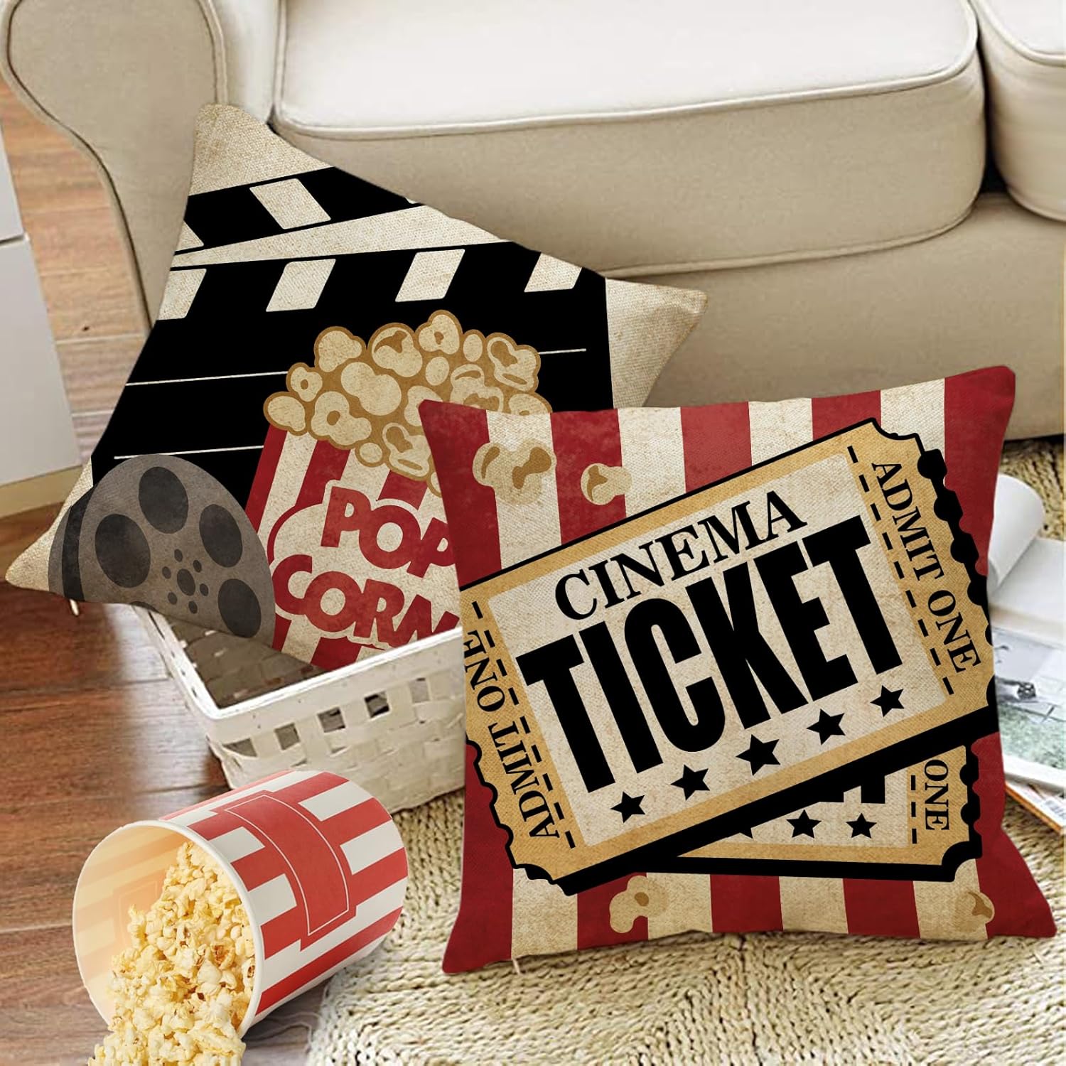 Movie Night Decorative Throw Pillow Covers 18 x 18 Set of 4, Vintage Cinema Ticket Popcorn Clapper Board Theater Home Decor, Enjoy The Show Stripes Film Filmstrip Movie Room Couch Cushion Case