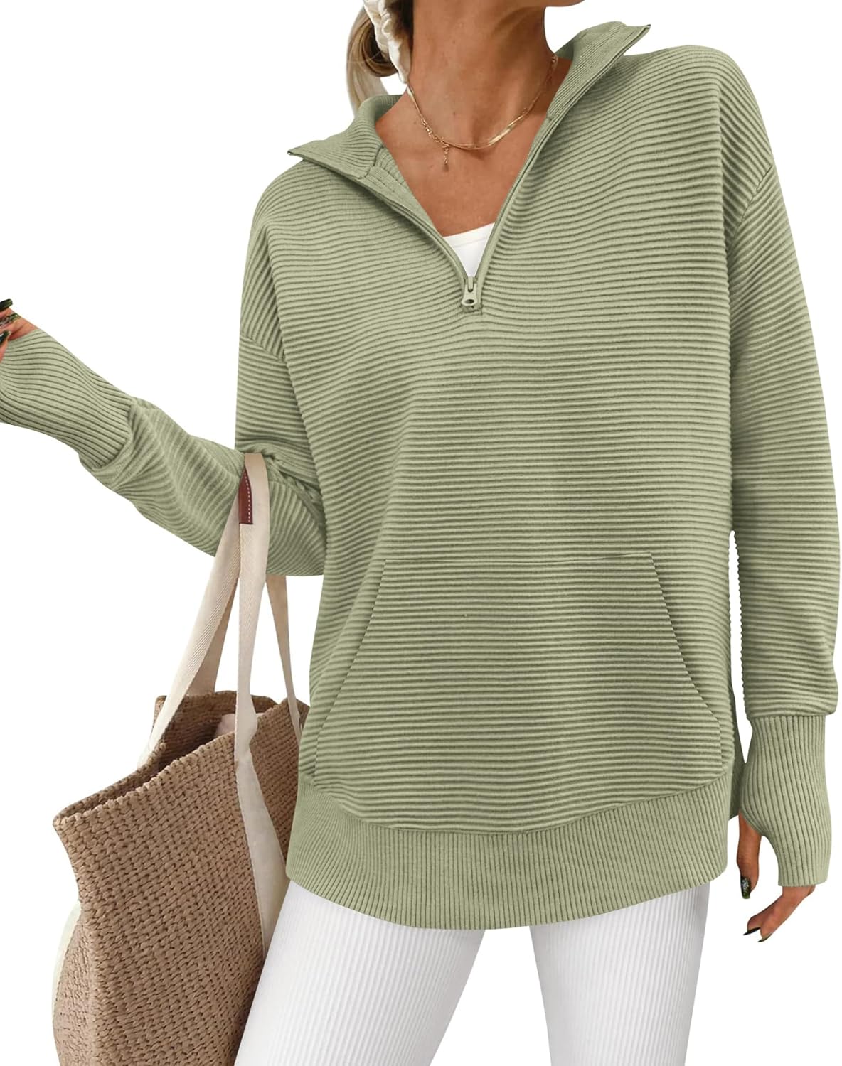 BTFBM Sweaters for Women Fall Clothes 2026 Pocket Quarter Zip Pullover V Neck Long Sleeve Knit Trendy Winter Sweater