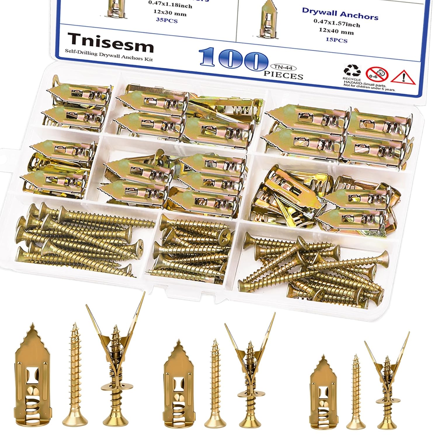 Tnisesm 100-Pack Self-Drilling Drywall Anchors with Screws, 2025 Upgraded Zinc Steel Heavy Duty Kit, No Pre-Drill, 3 Sizes Holds 66 lbs