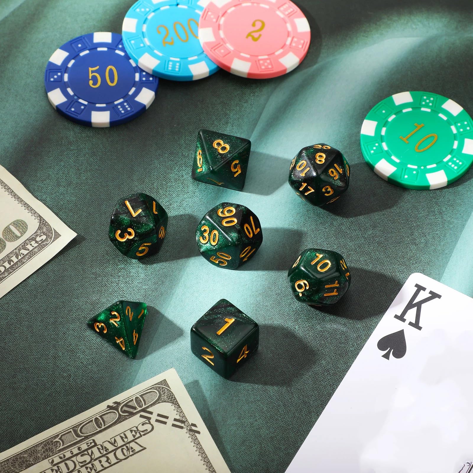 Set de 7 Dados Poliédricos DND con Bolsa Negra para Calabozos y Dragones de Juegos de rol RPG (Nebulosa Verde Negra)