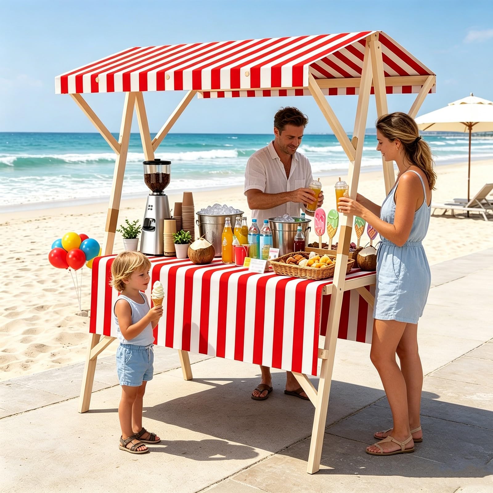 Carrito Vendedor Plegable de Madera, Puesto de Exhibición de Mercado, Puesto Portátil para Exterior, Mesa Exhibición para Mercados Callejeros y Eventos(Red,150cm/59in)
