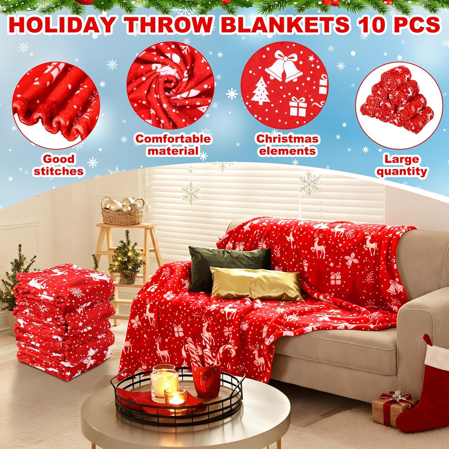 10 Pack Christmas Throw Blanket Bulk 50 x 60 Inch Holiday Plush Christmas Reindeer Snowflake Winter Holiday Red Soft Cozy Fleece Blanket for Bedding Couch Chair for Xmas Homeless Gift(Cute) - Image 4