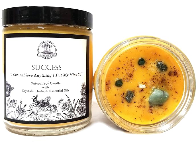 Success Affirmation Soy Candle with Raw Emeralds and Pyrite Crystals for (Wiccan, Pagan, Magick, Spirituality)