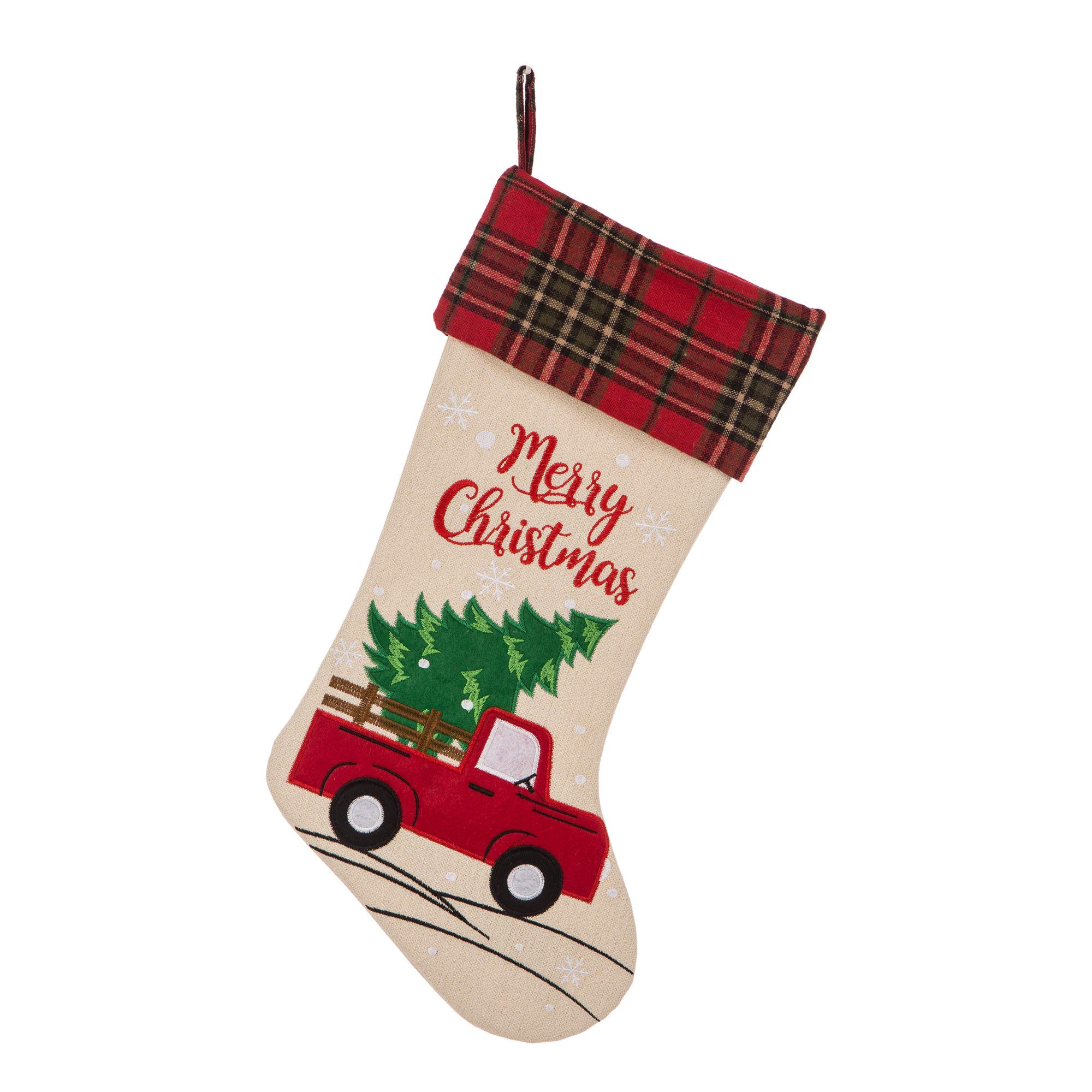 Glithome Chaussette de Noël en lin brodé avec crochet Motif camion Rouge 53,3 cm