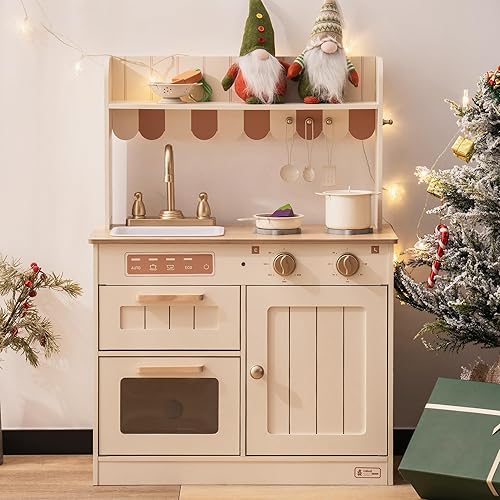 ROBUD Juego de cocina de madera para niños, juego de juguetes de cocina con grifo dorado, fregadero, horno, estufa, gabinete, estilo vintage, regalo
