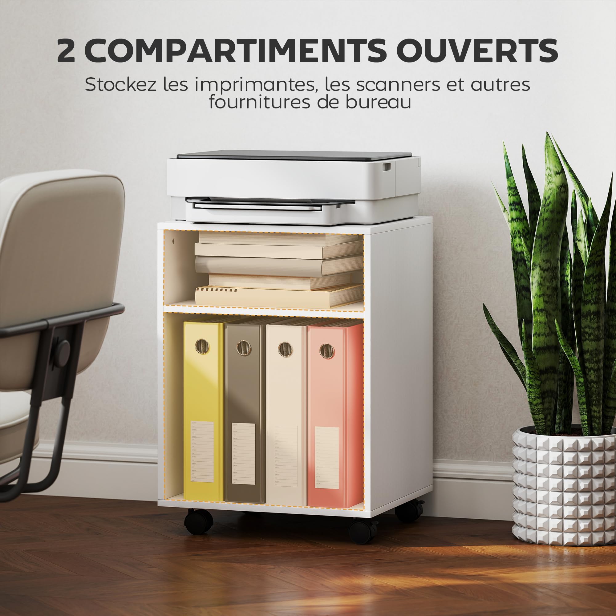 HOMCOM Support d'imprimante de Bureau 2 Étagères 40x35x55,5cm Blanc | Meuble de Rangement, Sur Roulettes, Caisson pour Petits Espaces, Bureau et Étude