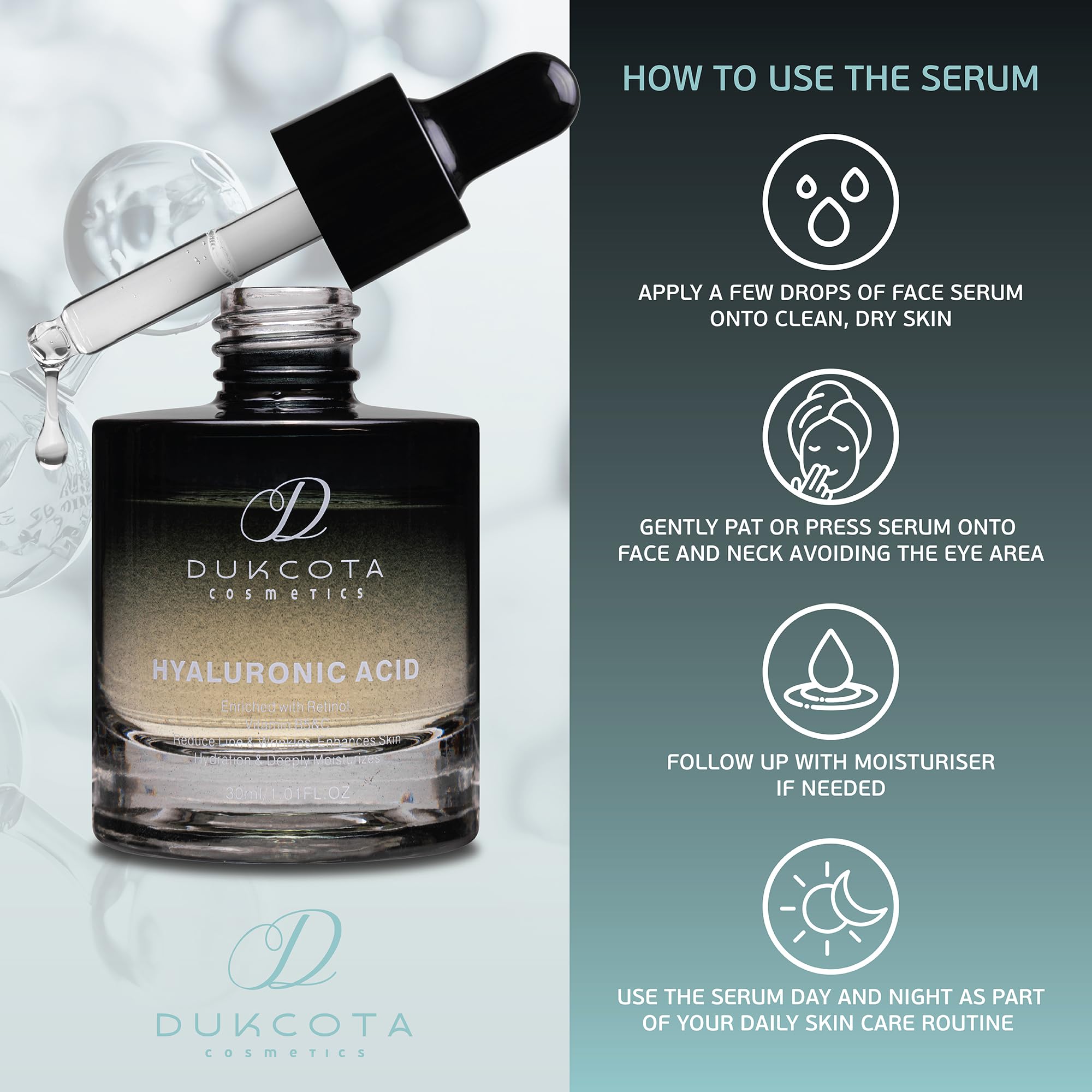 Dukcota 4 in 1 Hyaluronic Acid Serum, 30ml, Vegan, Botanical Ingredients, Hydrating, Anti-Aging, Vitamin C & B5, Retinol - Image 4