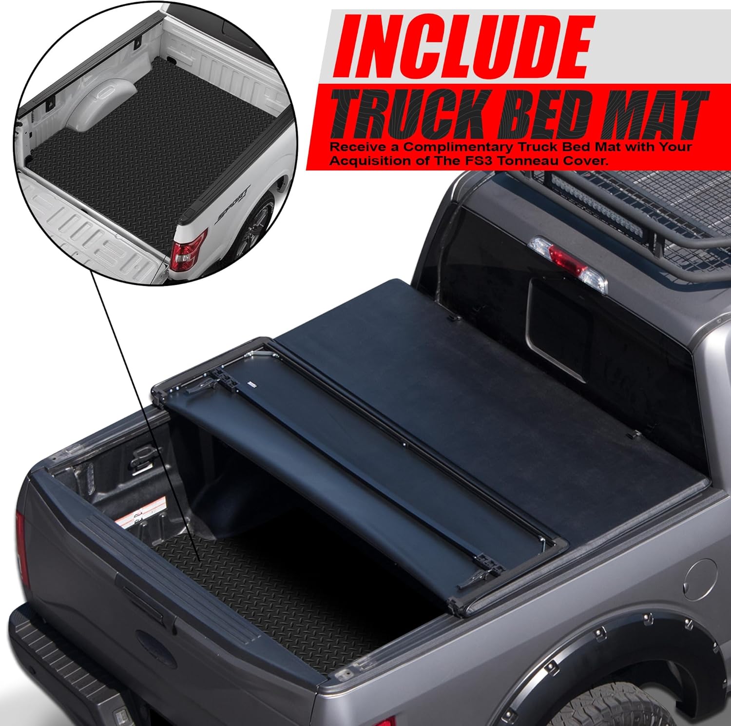Armordillo CoveRex FS3 Soft Tri-Fold Tonneau Cover+Diamond Plate Style Rubber Truck Bed Mat|Compatible with 2004-2014 Ford F150 F-150 5.5 Ft (60") Short Bed|28726112|Vinyl|Truck Bed Cover|Truck Mat