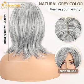 QUEENTAS 12 Gray Wigs for Women Grey Silver Medium Length Layered Wig with Curtain Bangs Glueless Natural Looking Synthetic Wigs for Thinning Hair Daily and Cosplay(Black Mixed Grey Siler)