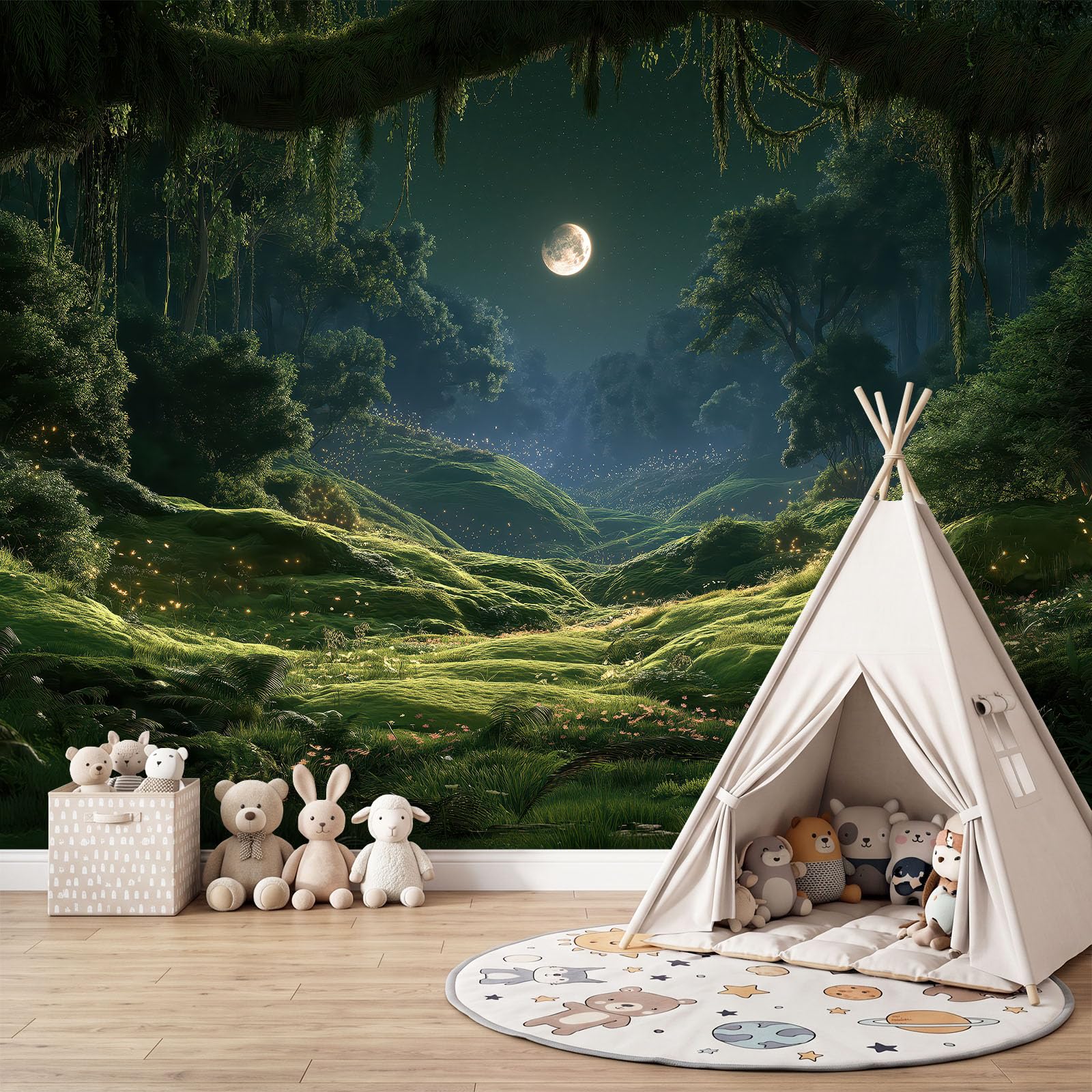 Générique 200 x 140 cm panoramiczna tapeta fantasy magia Wald Nachthimmel 3D projekt ścienny, dekoracja ścienna do zdjęć, tapety z włókniny dekoracja ścienna salon sypialnia, zielony