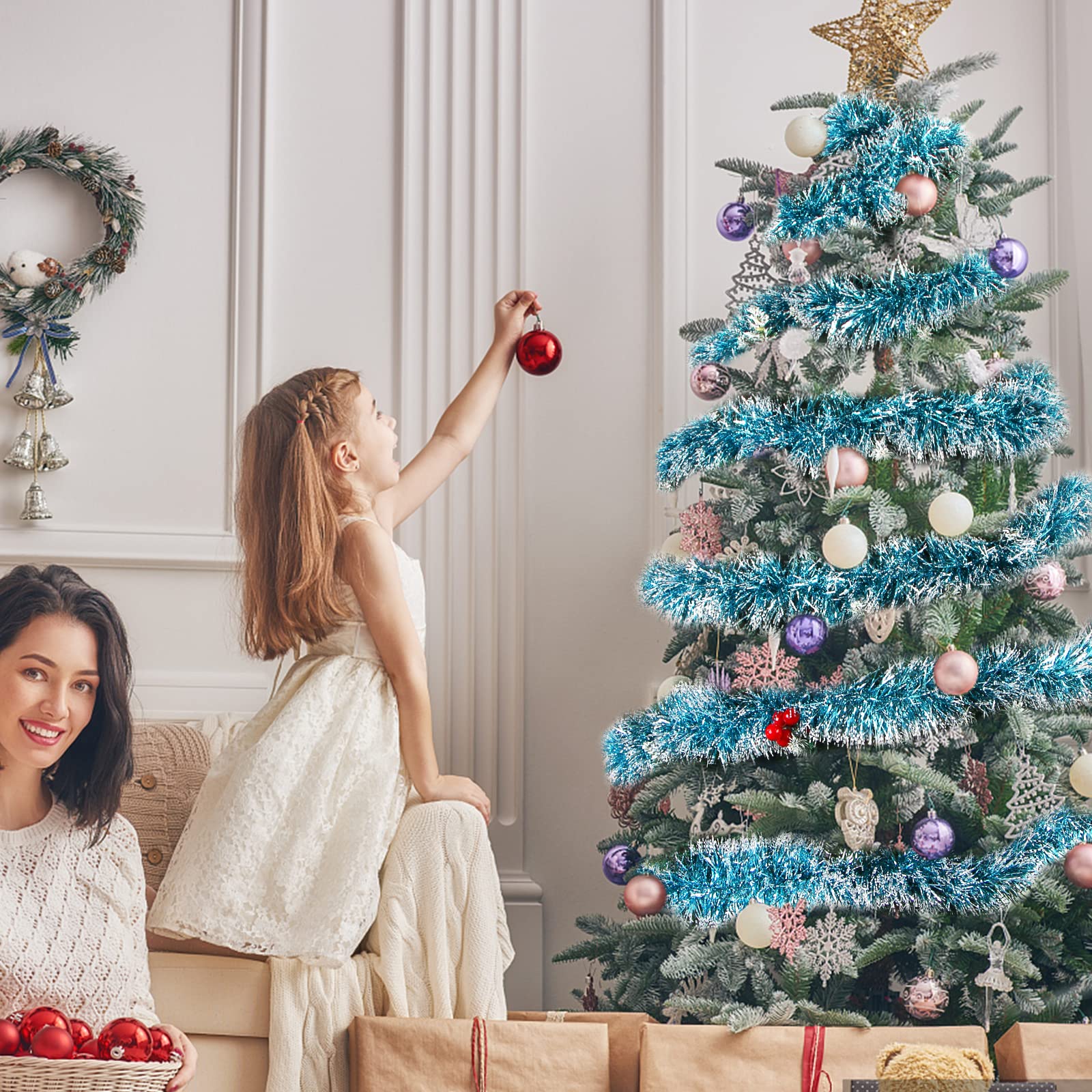 Aurasky Guirnalda Navidad Azul Claro y Turquesa - Espumillón 10m, Brillante Metálica para Árbol - Oropel Decoración