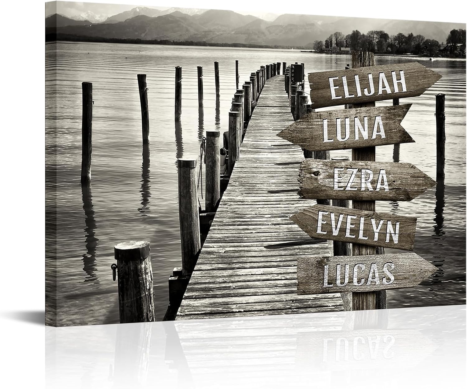 iLOOKLiKE Personalized Street Sign with Family Name Wall Art Custom Multi Names Canvas Prints Black and White Wooden Bridge Pictures Peaceful Pier Landscape Artwork Gifts for Home Decor Housewarming