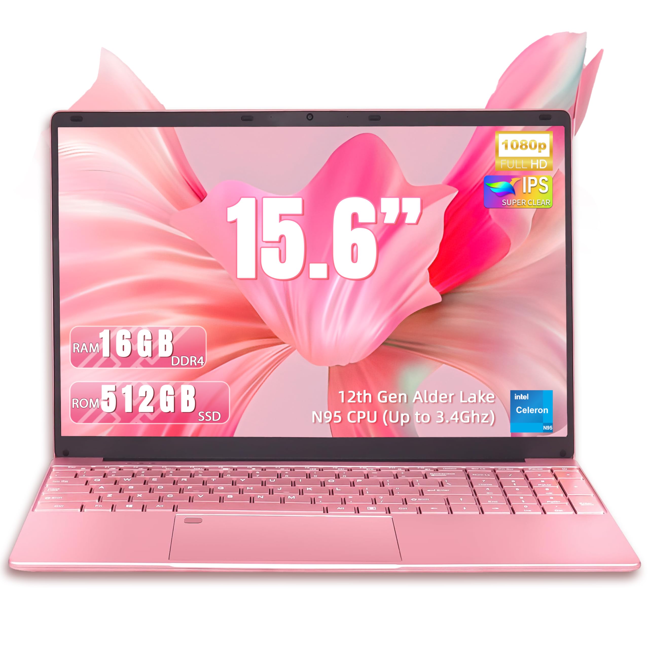 Amita 15.6 Inch Pink Laptop, 12th Gen N95 (up to 3.4 GHz), 16 GB