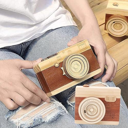Miniatura 4 de NOLITOY Caja de música de madera con forma de cámara, caja de música creativa, regalos de vacaciones, decoración de estantería de escritorio,
