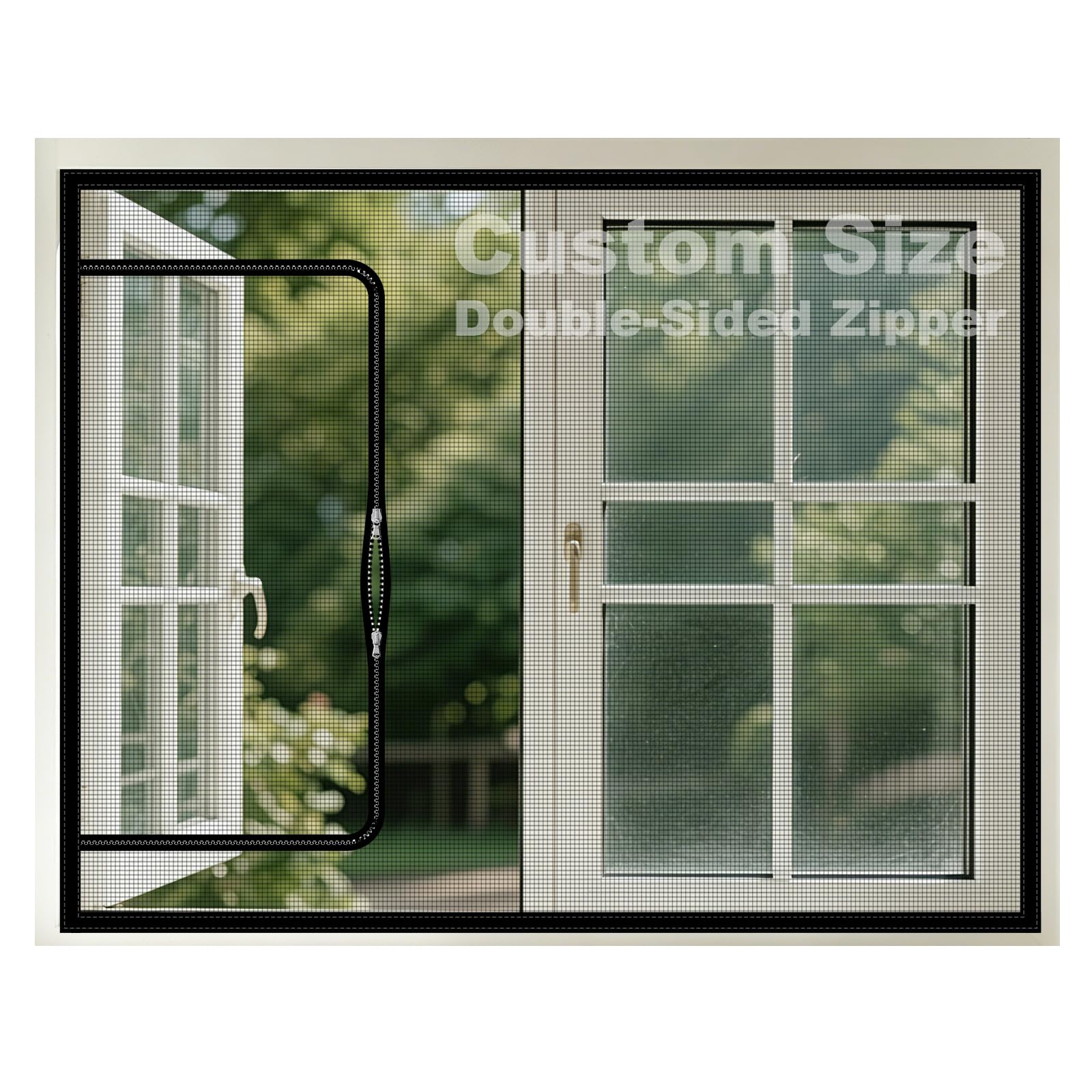 Made-to-Measure Cat-Proof Window Screen with Zipper Opening, Custom Size Fly & Insect Mesh, Two-Way Double-Sided Zip, Self-Adhesive Hook & Loop Tape, Nano Net, Black or White