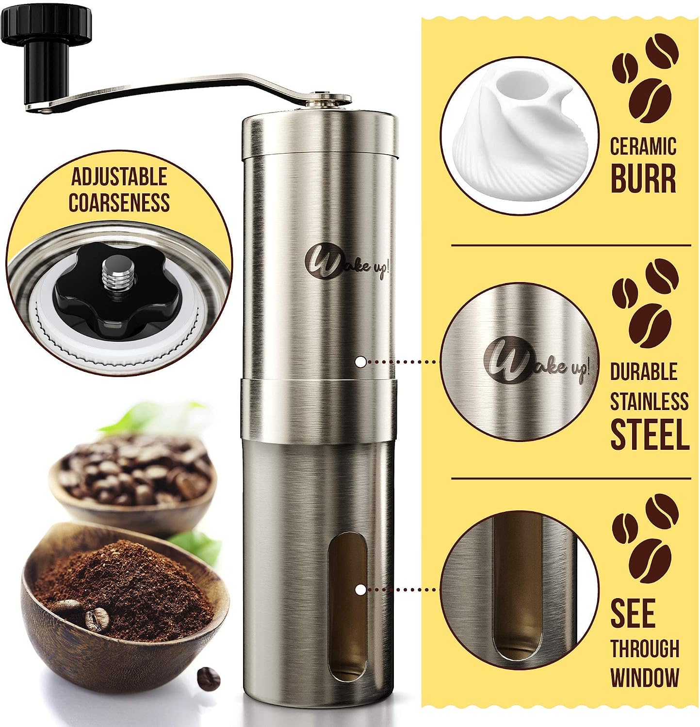 Wakeup! Conical Manual Coffee Grinder with Adjustable Coarseness Settings - Stainless Steel Hand Burr Coffee Grinder - Coffee Bean Mill for Kitchen, Travel and Camping - Brush & Scoop Set
