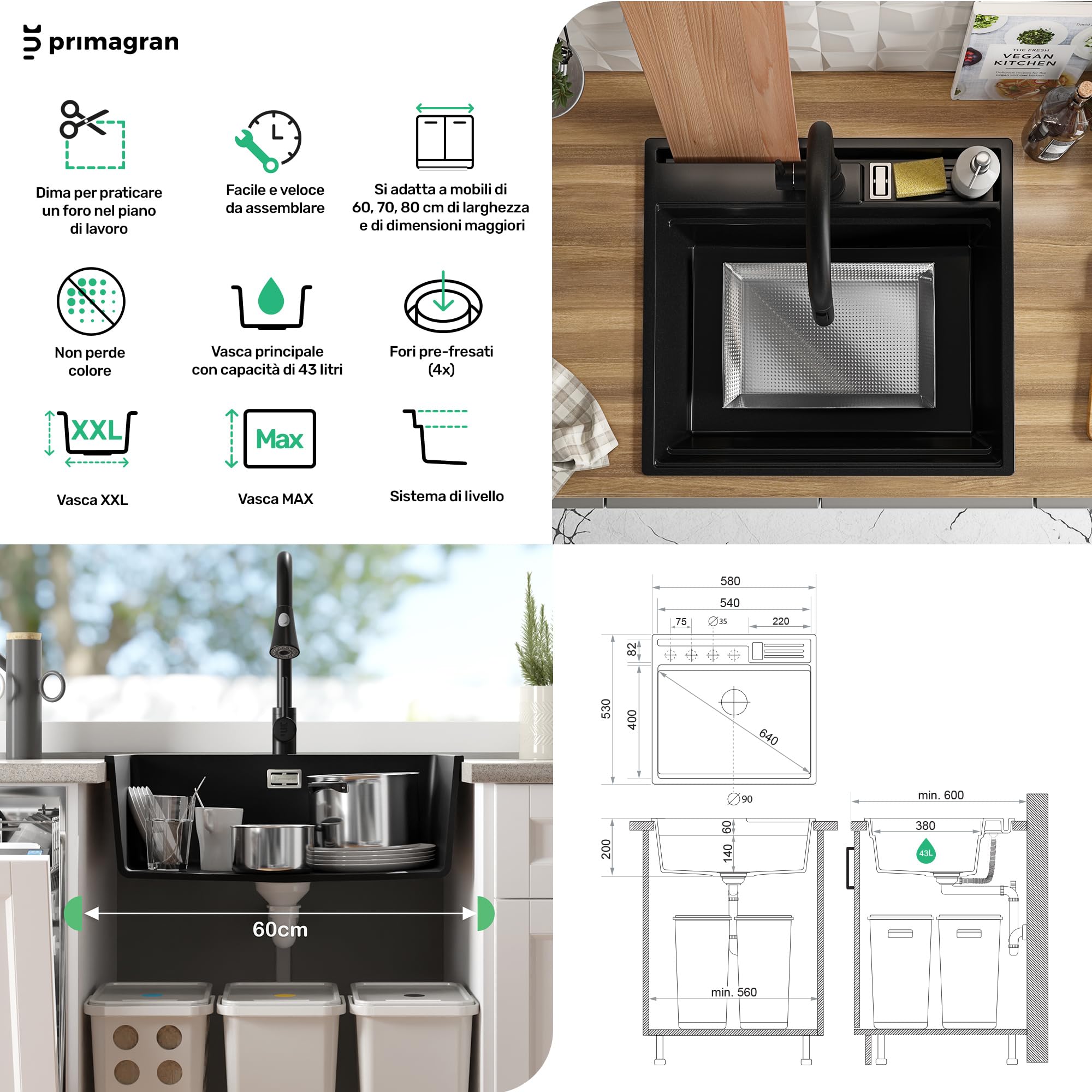 PRIMAGRAN Lavello da Cucina al Mobile 60cm + Kit di scarico, 58x53cm
