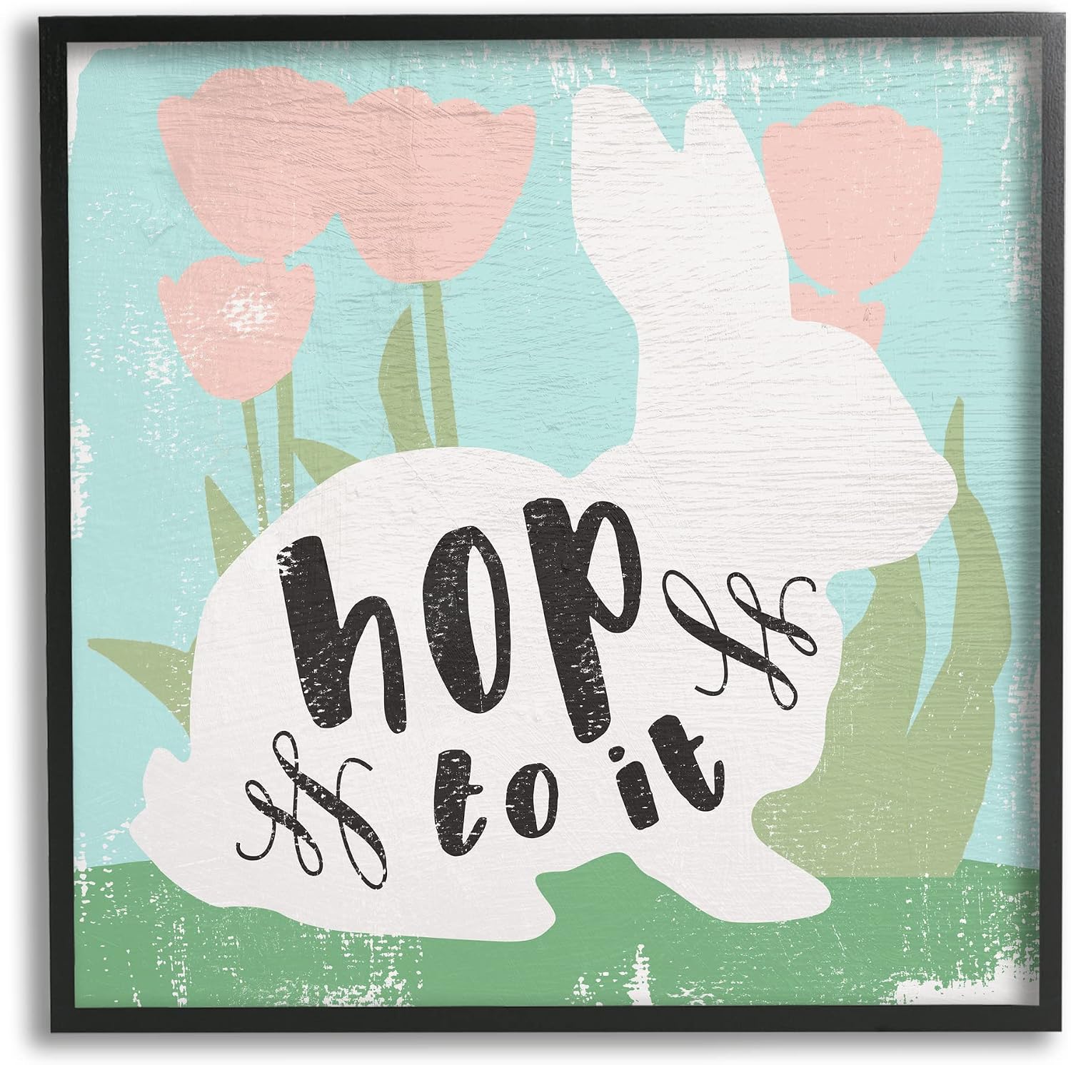 'Hop To It Easter Bunny Phrase Spring Tulips'| Framed Giclee Art | Stupell Industries | Black, 24 x 24 Inches, Easy to Hang and Sturdy, Made in USA, by Lil' Rue
