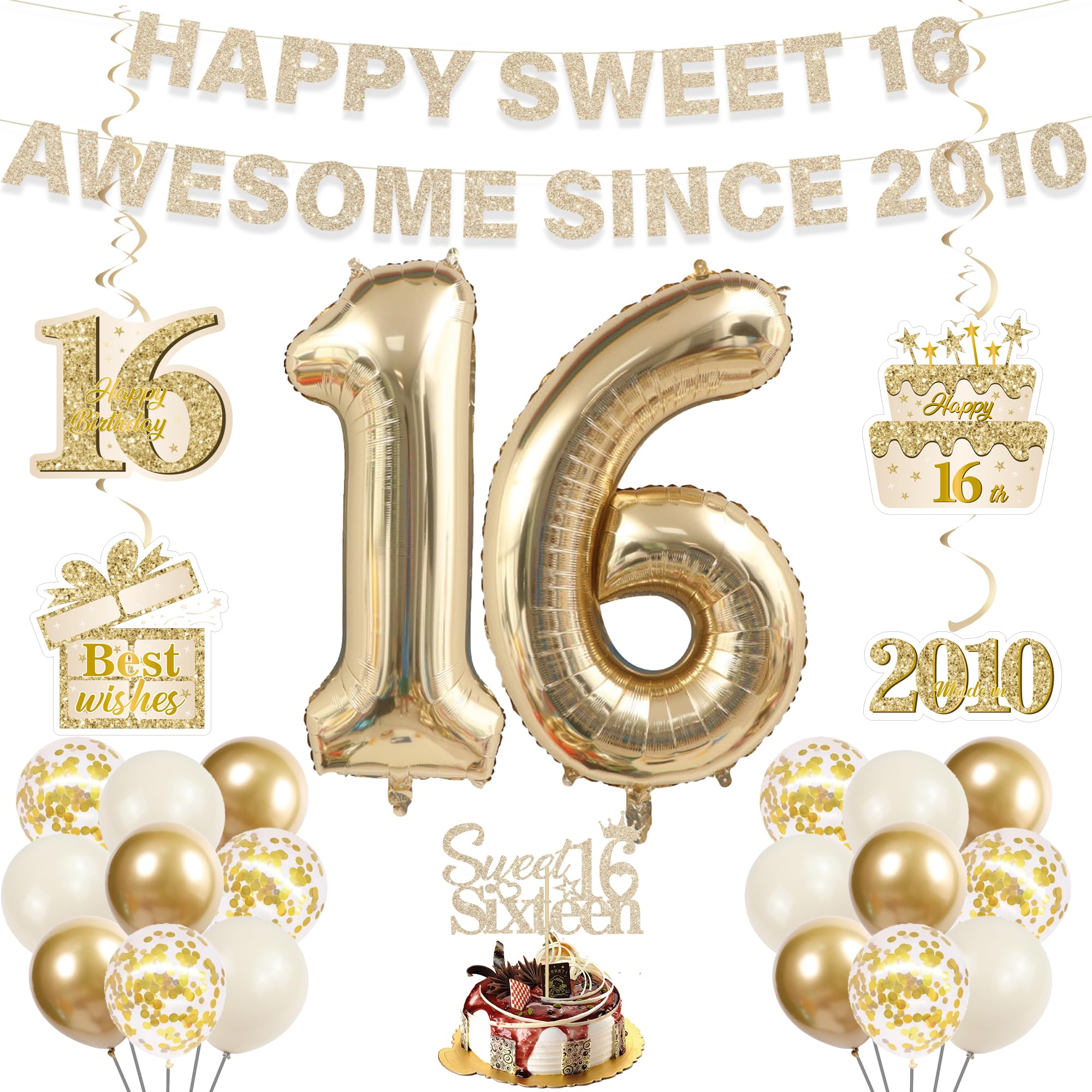 16th Birthday Decorations Girl Balloons - 27 Pcs White and Gold Happy Sweet 16 Awesome Since 2010 Banners Number Foil Balloons Hanging Swirls Cake Topper for 16 Years Old Girls Birthday Party Decor