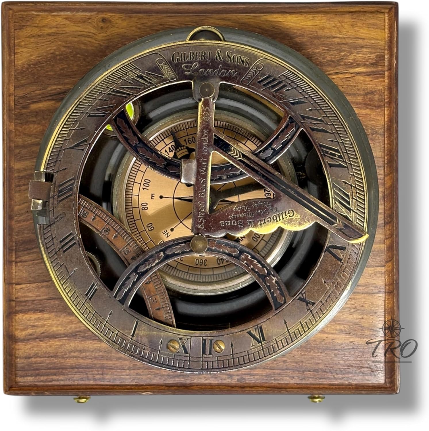 Antique Brass Sundial Compass – Vintage Maritime Navigational Instrument with Wooden Box | Working Timepiece for Decor, Gifts, Collectors – Dark Brown Box with Brass Accents