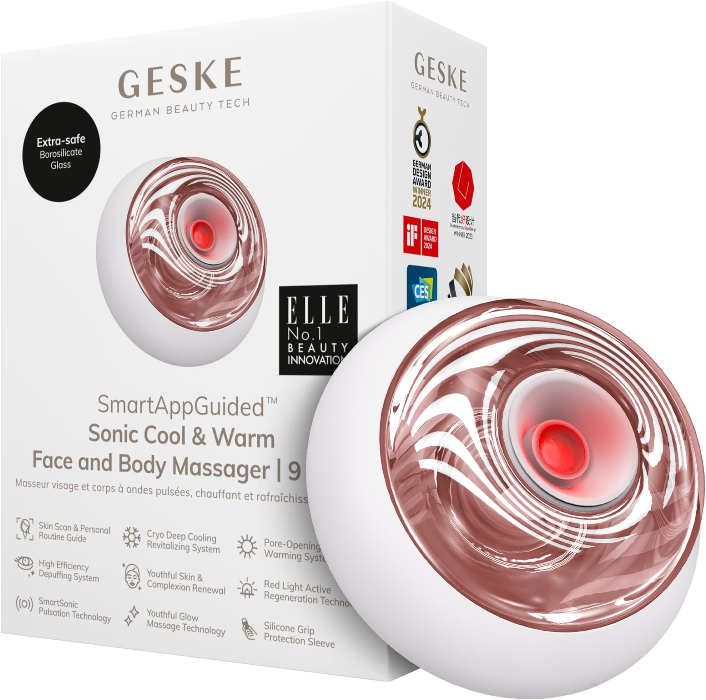 GESKE SmartAppGuided™ Sonic Cool & Warm Face & Body Massager | 9 in 1 | Electric Massager | Face & Body | Battery-Free Cooling & Warming | Firms, Relaxes & De-Puffs Skin | with SmartSonic Pulsations