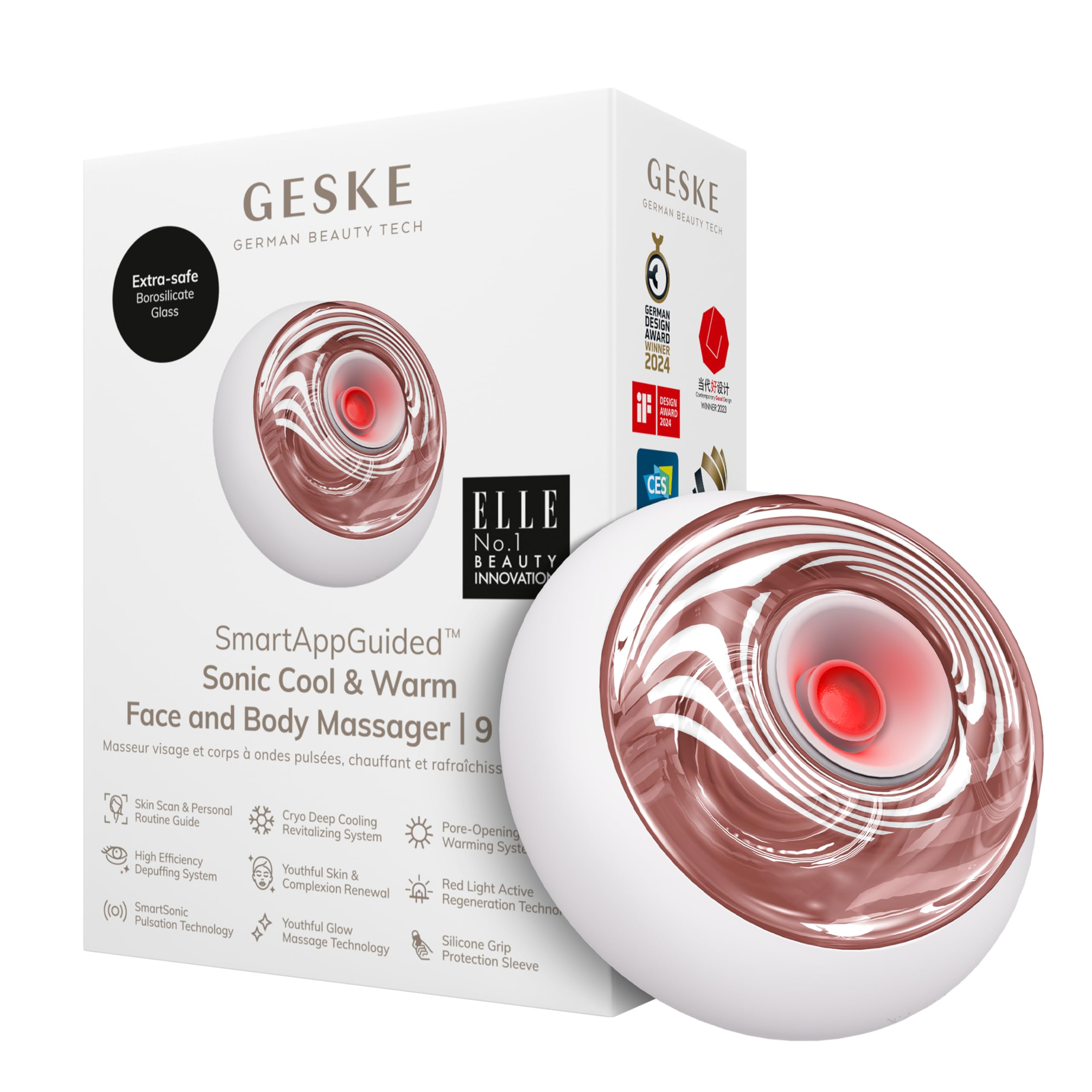 GESKE SmartAppGuided™ Sonic Cool & Warm Face & Body Massager | 9 in 1 | Electric Massager | Face & Body | Battery-free Cooling & Warming | Firms, Relaxes & De-Puffs Skin | With SmartSonic Pulsations