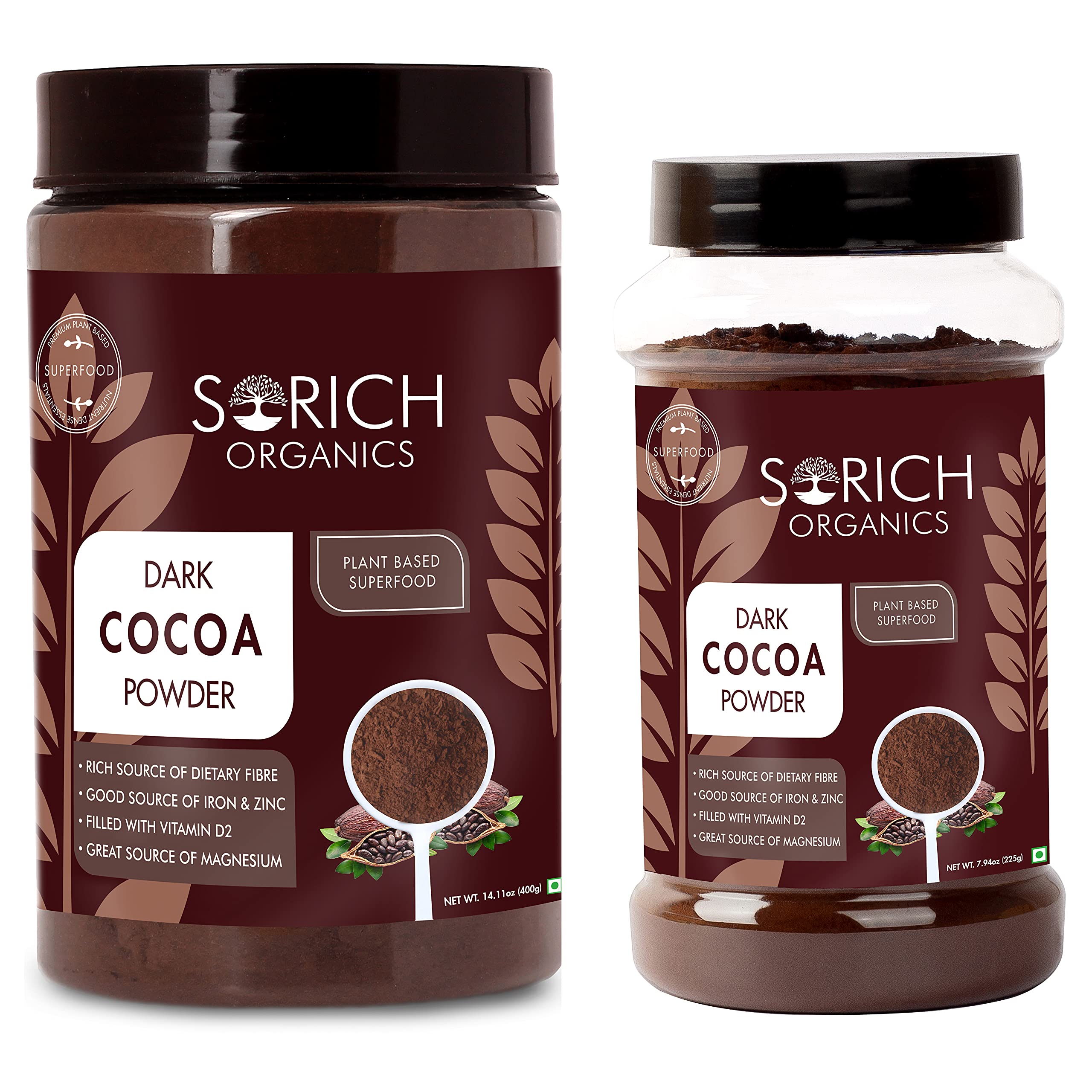 Sorich Organics Unsweetened Organic Dark Cocoa Powder from Kerala - Combo ( 400 gm Pack with a 225 Gm Jar )