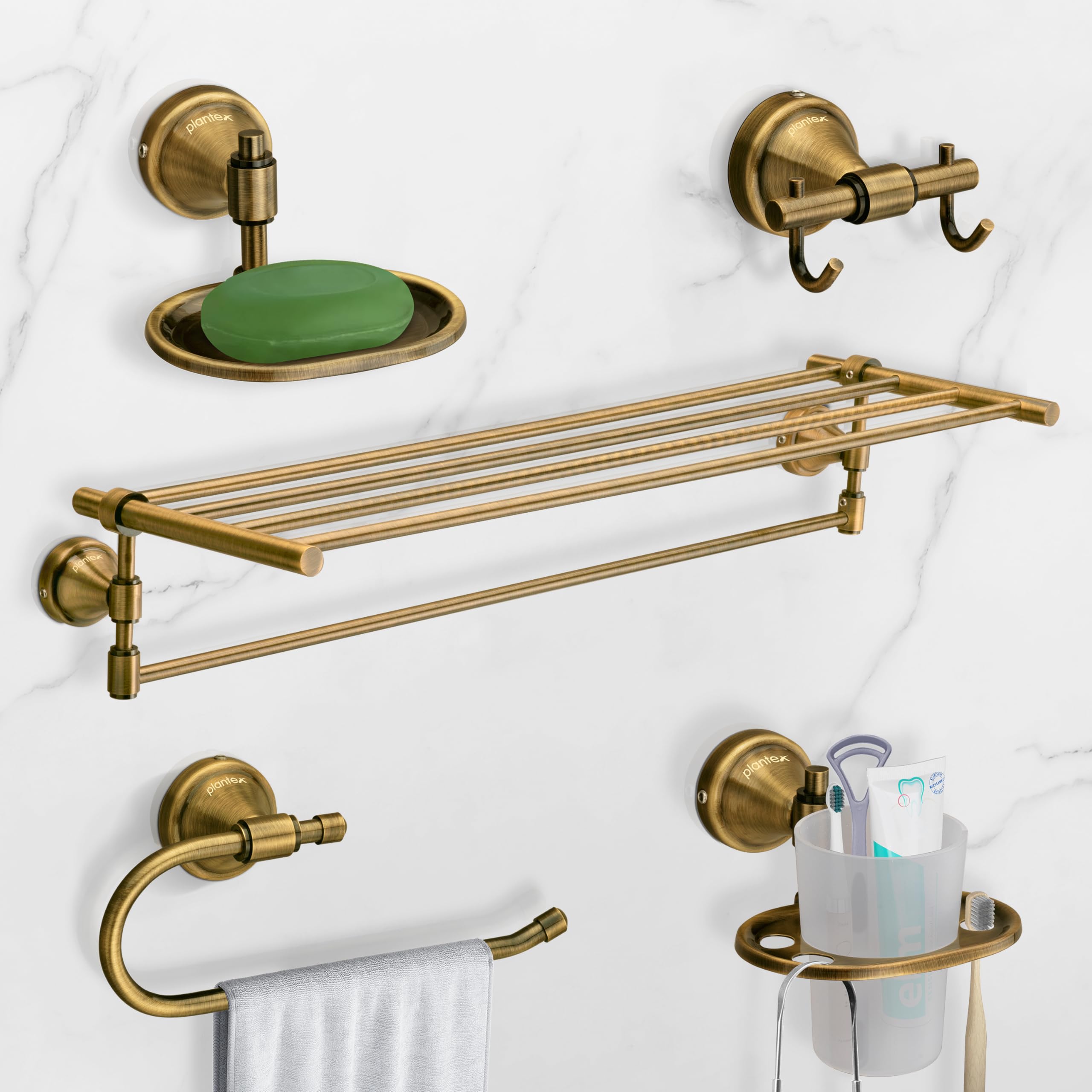 Plantex 304 Grade Stainless Steel Bathroom Accessories Set of 5 - Towel Stand/Napking Ring/Soap Dish/Toothbrush Stand/Robe Hanger - Niko (Brass Antique)