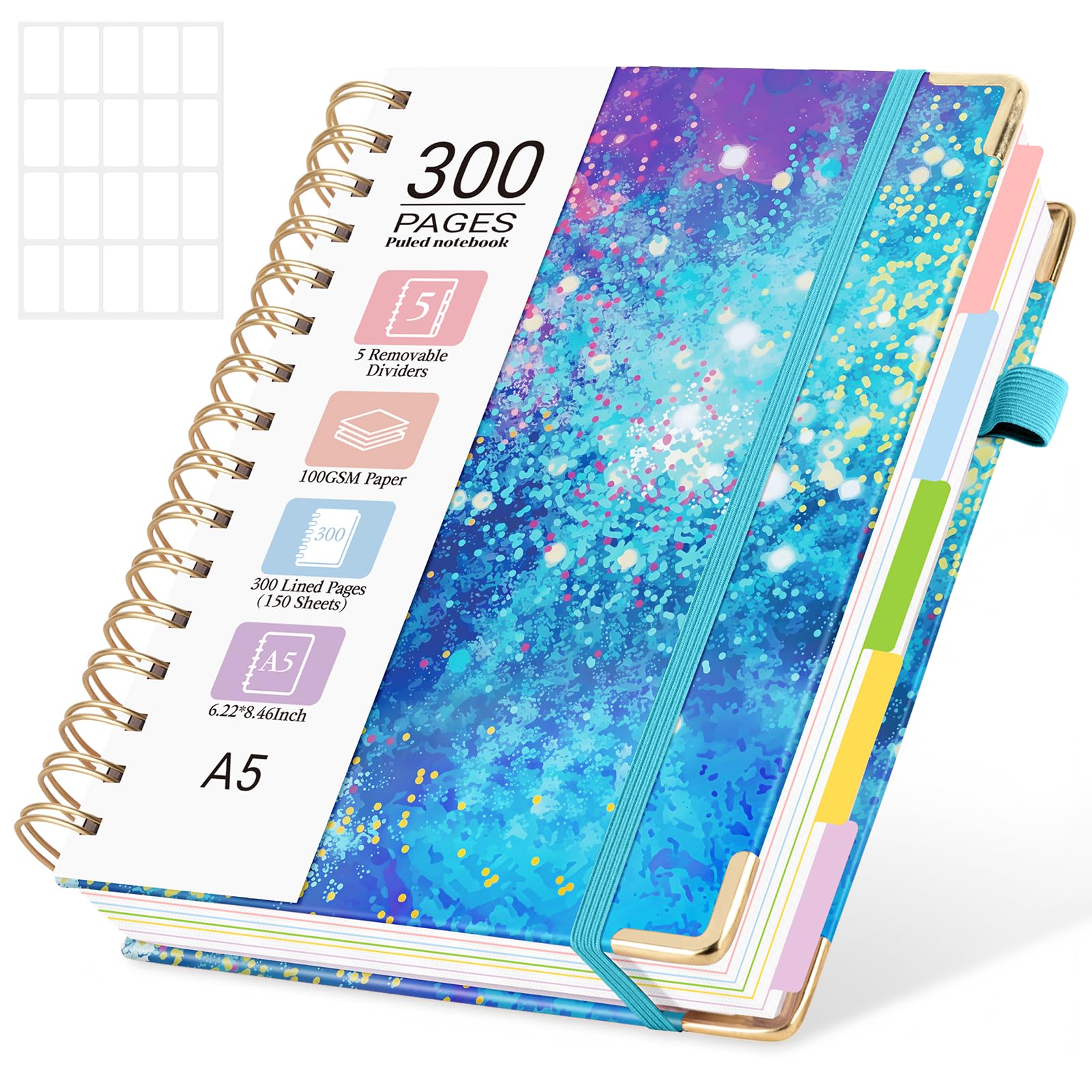 MOFELON A5 Notebook with Dividers, Notepad A5, 300 Pages Spiral Lined Notebooks,PU Leather HardCover Journals for Women,Note Book Pad for Office Work School, 21.5 x 15.8cm-Blue Star Sky