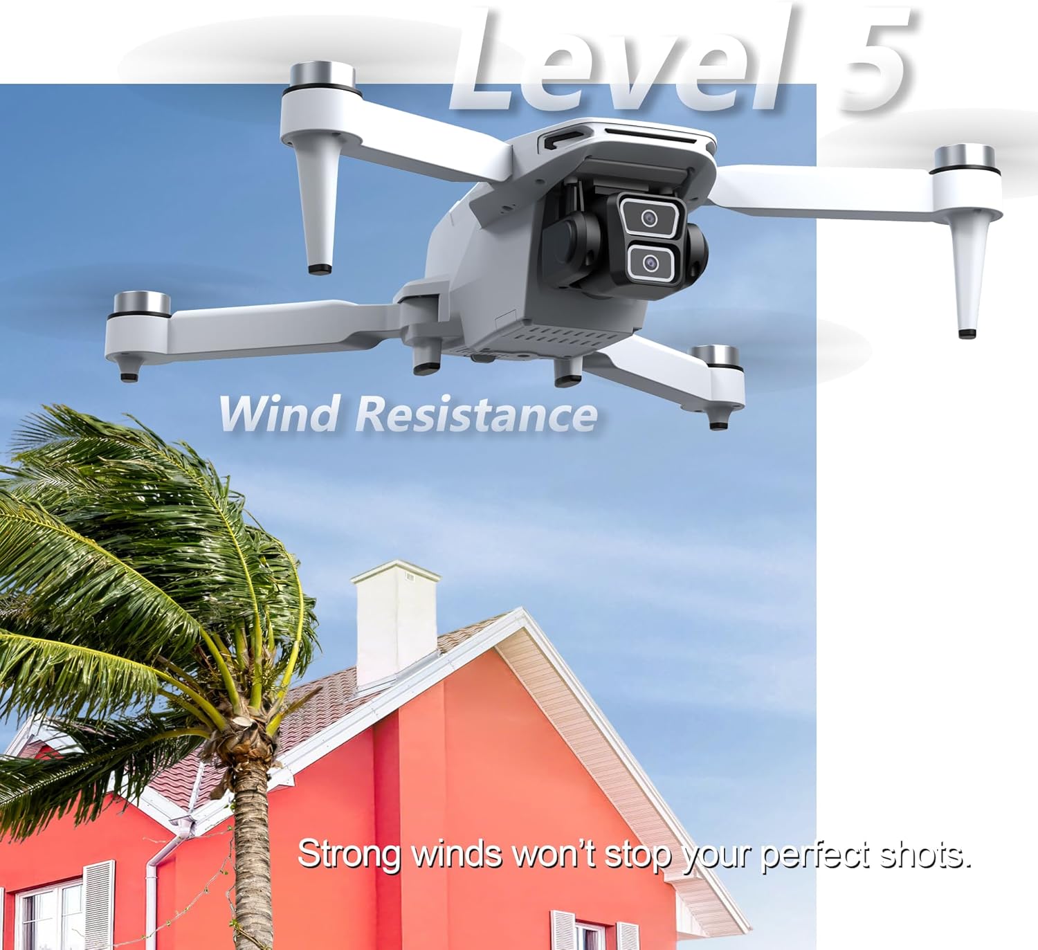 The TizzyToy MT22 drone flying above a house with palm trees, indicating 'Level 5 Wind Resistance'.