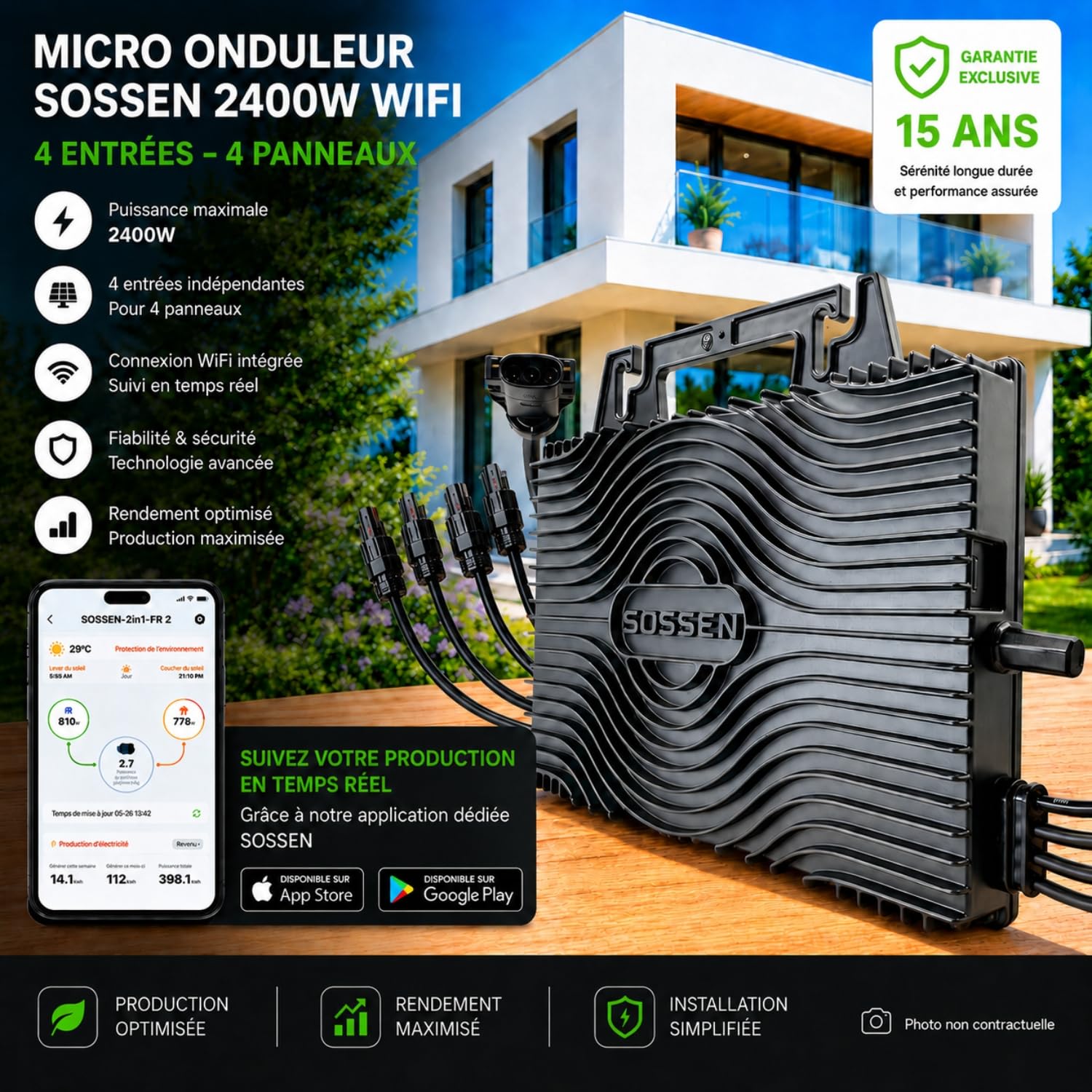 Micro-onduleur 2400W SOSSEN 40A – MPPT – WiFi & Bluetooth – Étanche IP67 – pour 4 Panneaux Solaires Jusqu’à 670 WC