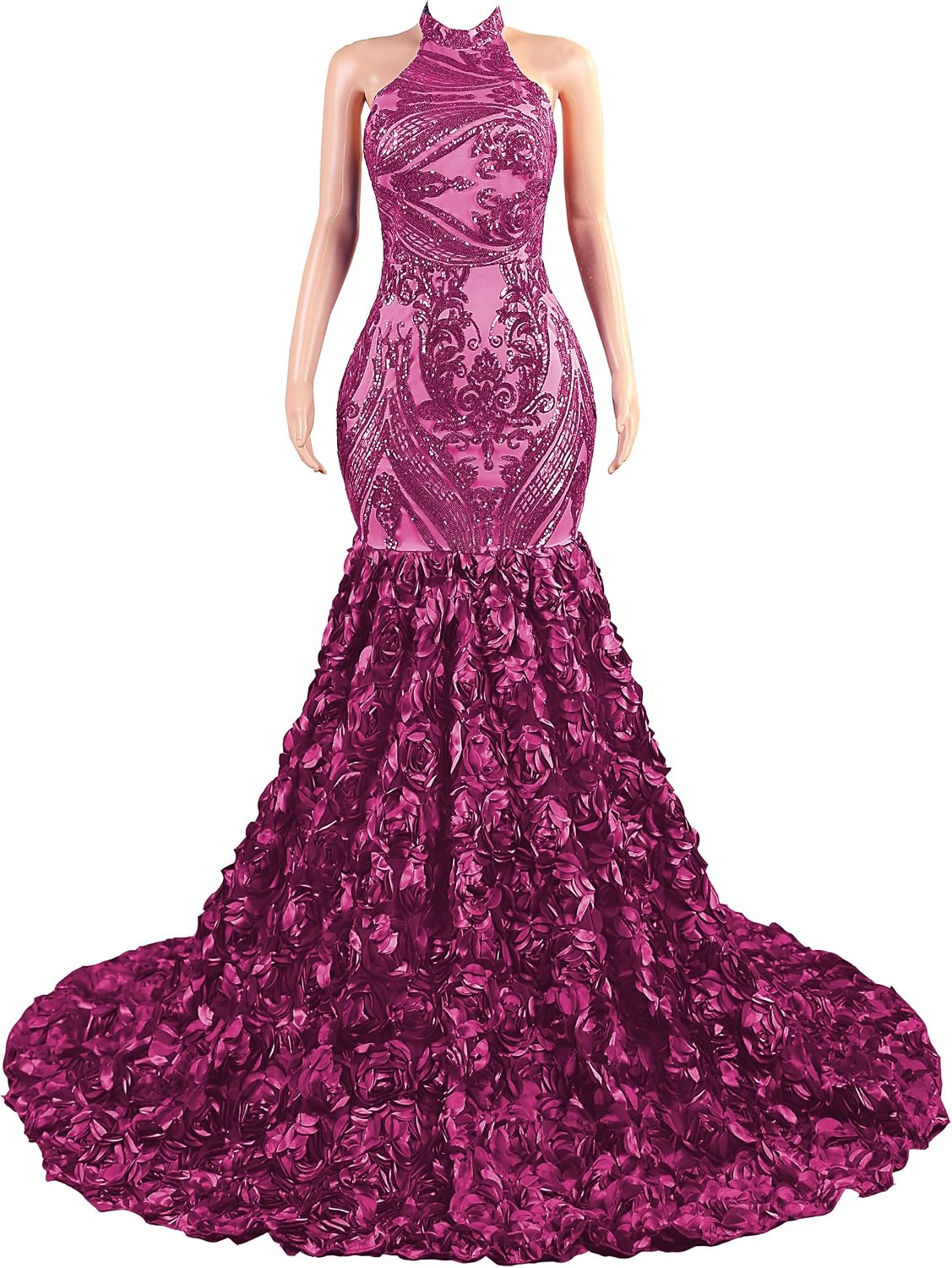 Prom Dress Rose Sequin Halter Sleeveless Mermaid Evening Party Dress