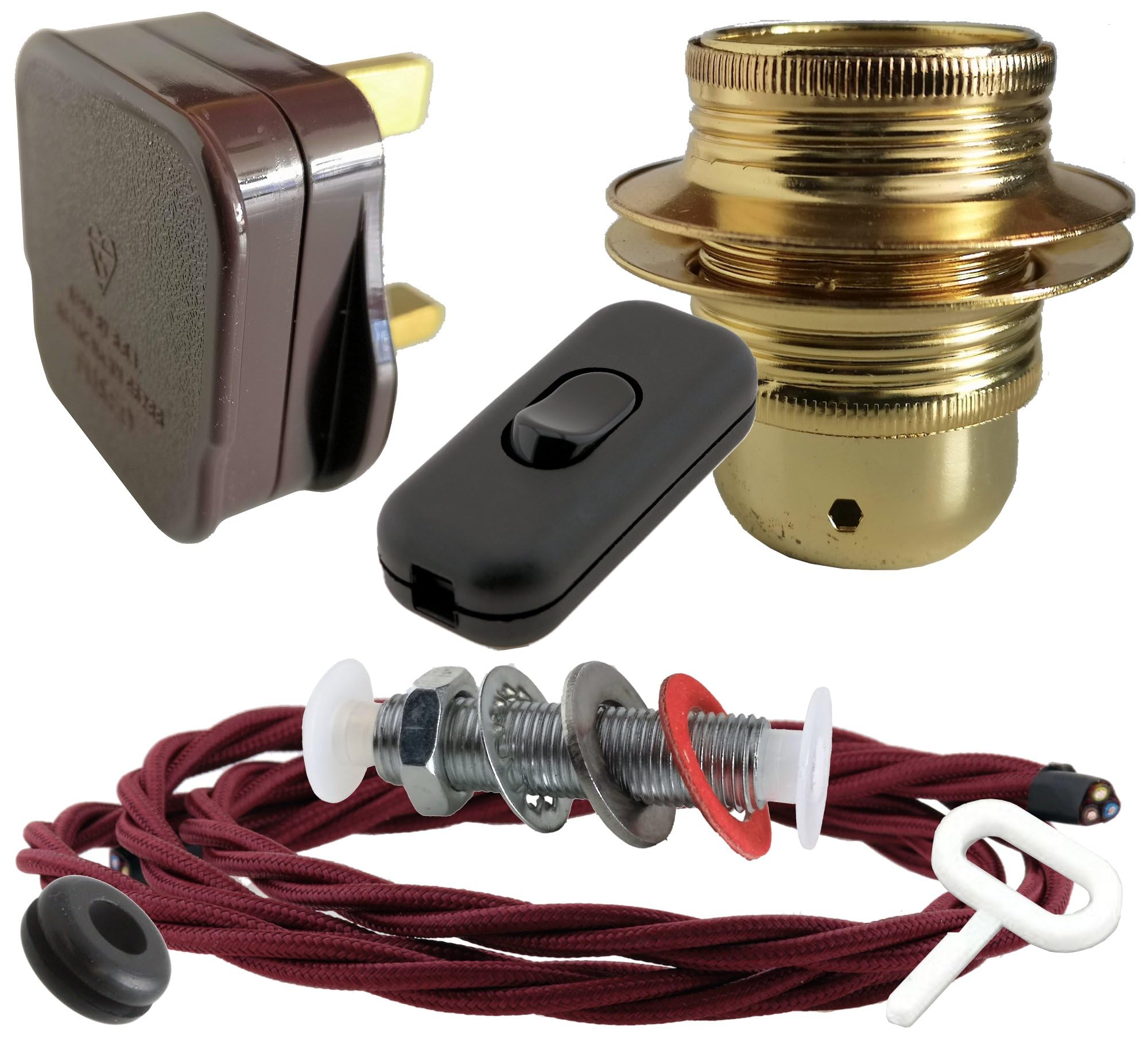 Art Deco Emporium Lamp Repair and Service Kit|Brown Plug|Burgundy Flex|Black Switch|E27 Brass Finish Lamp Holder Holder
