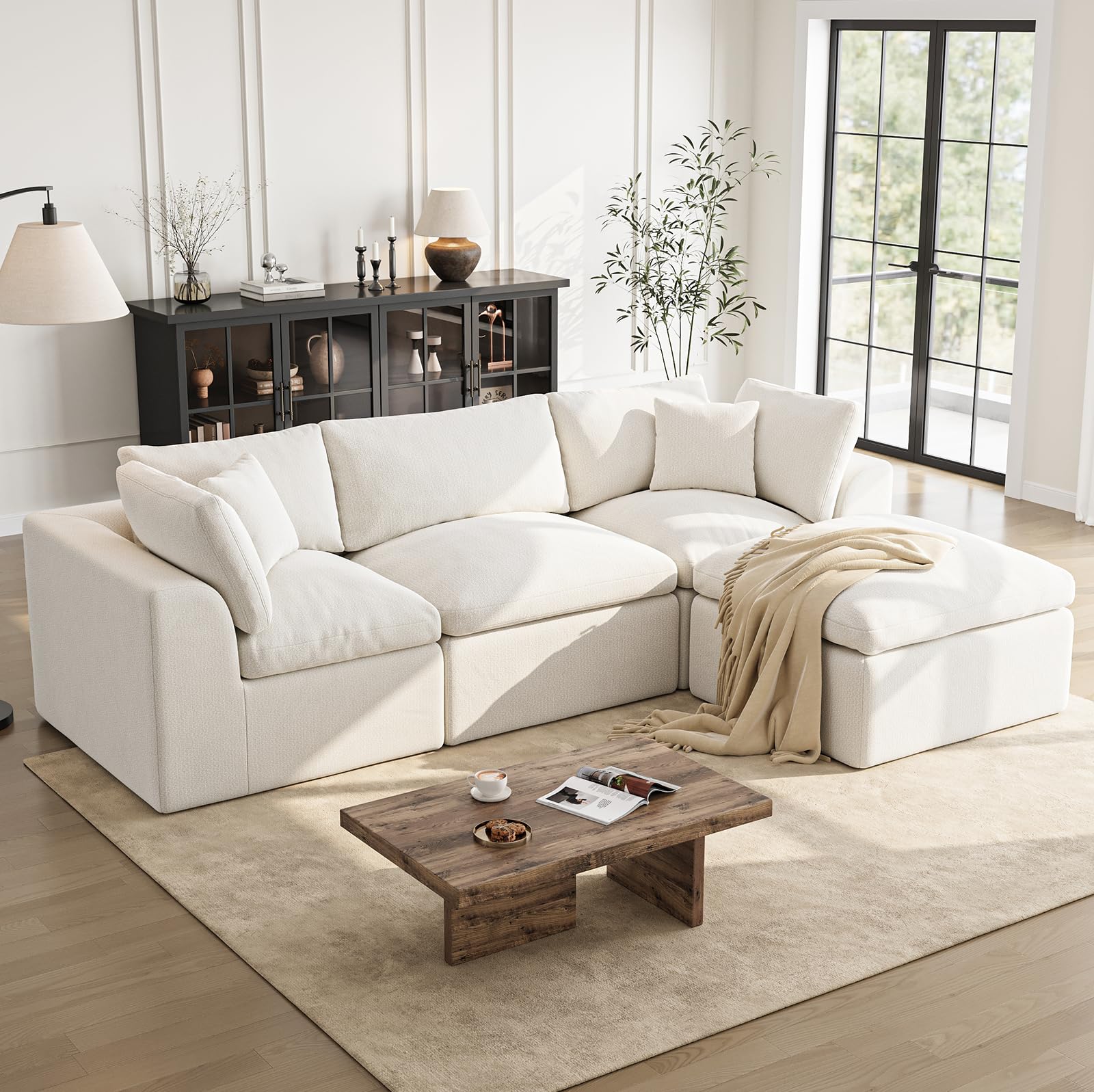 Cloud Sectional Couches for Living Room | 108 Inch L-Shaped Boneless Couch with Ottoman | Modular Sectionals Sofa Couch Ivory White -INCOMPLETE