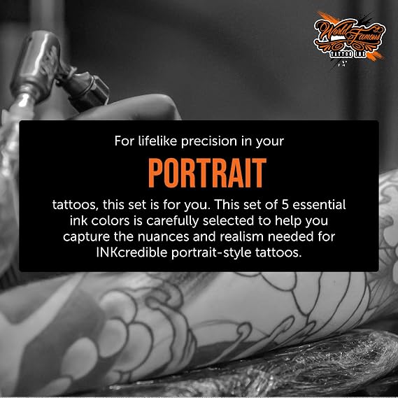 World Famous Portrait Mini Tattoo Ink Pigment Set of 5, Vegan, Professional Supplies, 1oz Bottles, Portrait White, Swiss Skin, King TUT, Venice, Coffee Bean