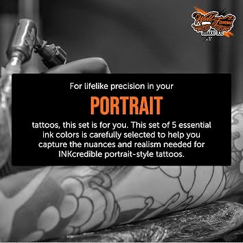 World Famous Portrait Mini Tattoo Ink Pigment Set of 5, Vegan, Professional Supplies, 1oz Bottles, Portrait White, Swiss Skin, King TUT, Venice, Coffee Bean