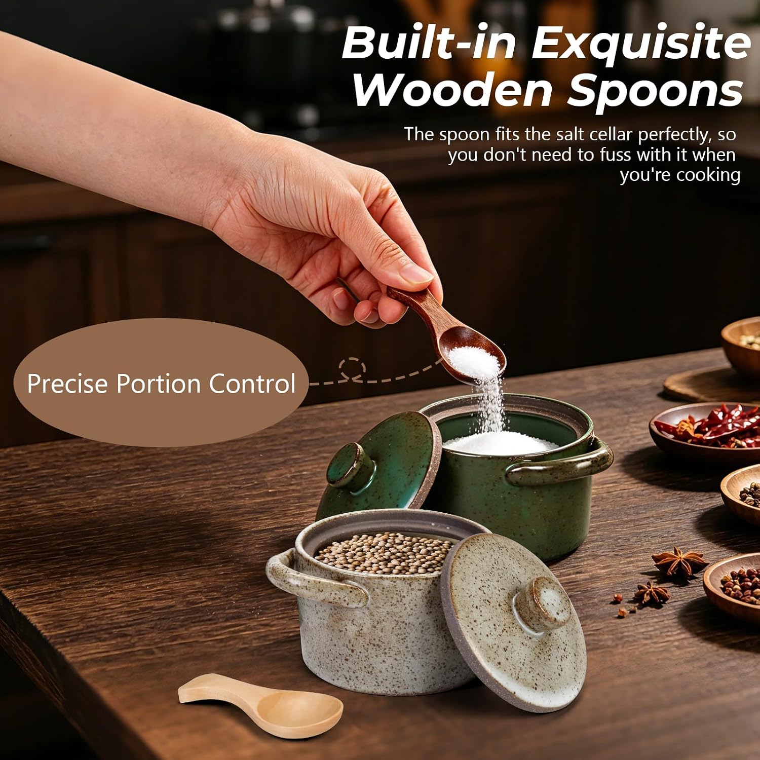 2 Pack Ceramic Salt Cellar, 8.5oz Salt Pepper Containers for Countertop image 3