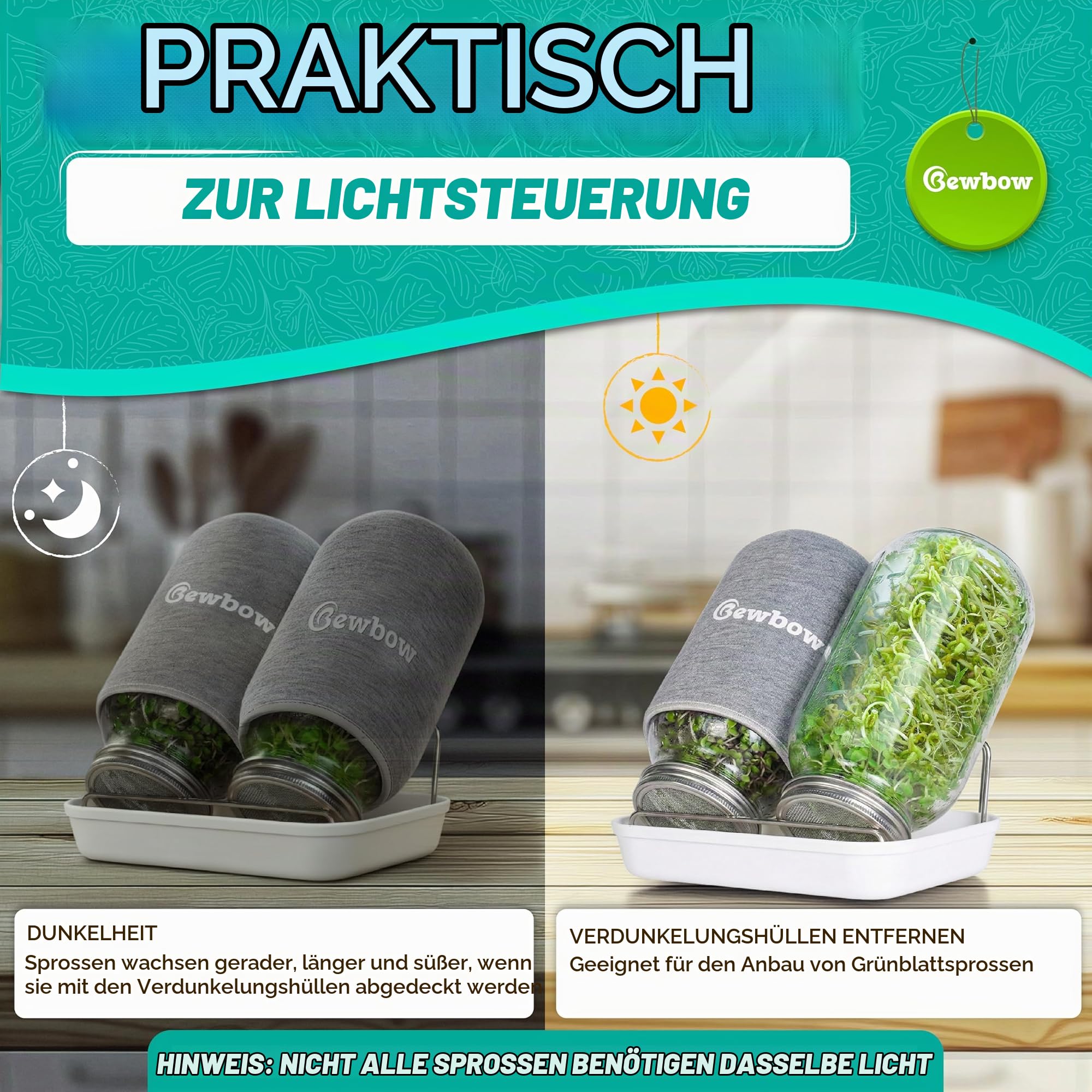 Große Größe: 2000 ml Saatgut-Keimglas-Set mit Ständer, Ablaufschale, Bildschirmdeckel, Verdunkelungshüllen, gute Belüftung und Drainagekapazität, Anbau von frischen Bio-Mungbohnen, Brokkoli und