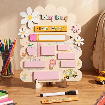 Pencil Flower First and Last Day Name Board Sign Pink First Day of Kindergarten Sign with Markers Reusable Daisy Apple Name Chalkboard for School Photo Prop Gifts Wooden Table Decorations