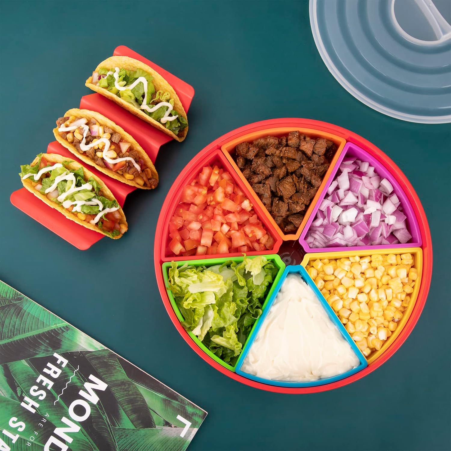  | Aichoof Colorful Rotating Snack Serving Tray and Colorful Taco Holder Stands Set of 6, BPA-Free, Dishwasher Safe: Serving Trays