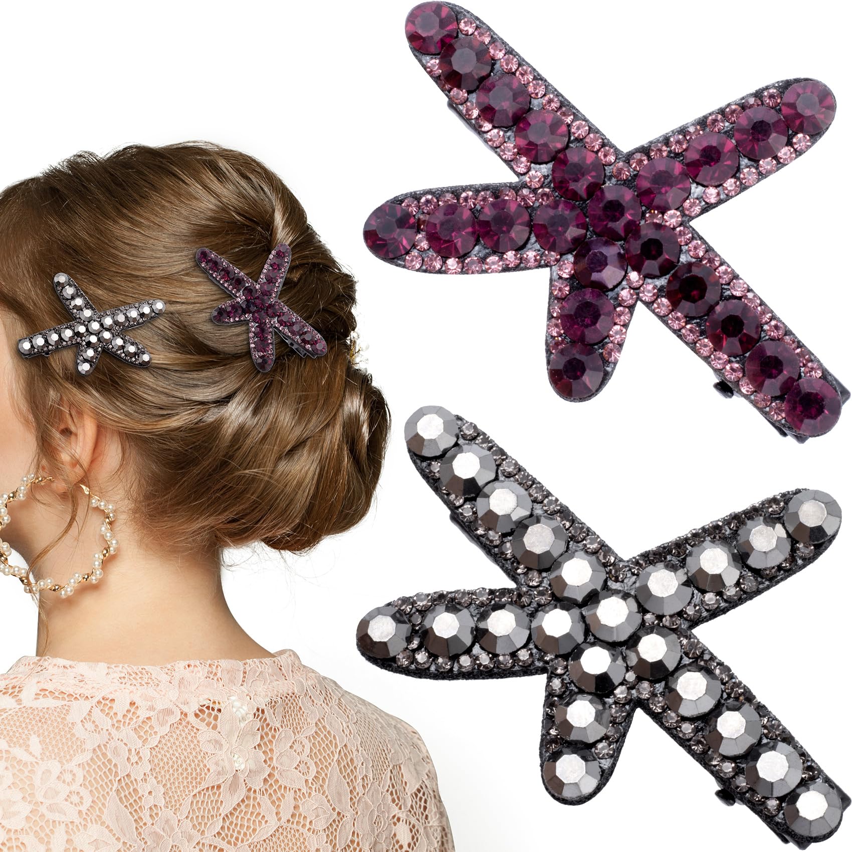 PAGOW 2 Pcs Starfish Hair Clips, Rhinestone Hair Clips, Faux Crystal Sea Star Wedding Headpiece Hair Accessories For Women Bride (Black, Purple)