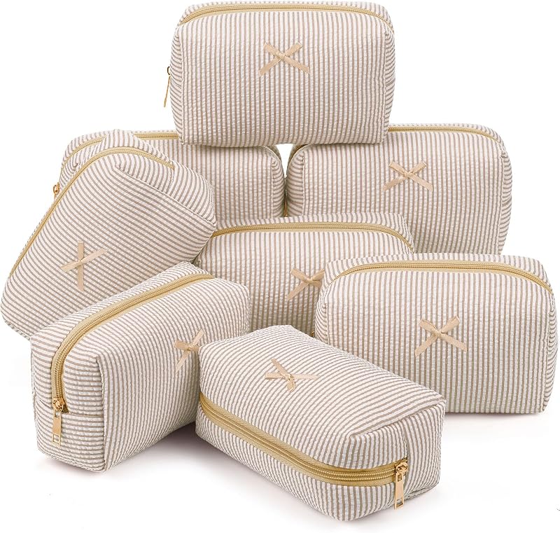 Sanwuta 8 necessaires de maquiagem em seersucker listrado com zíper e laço, Khaki